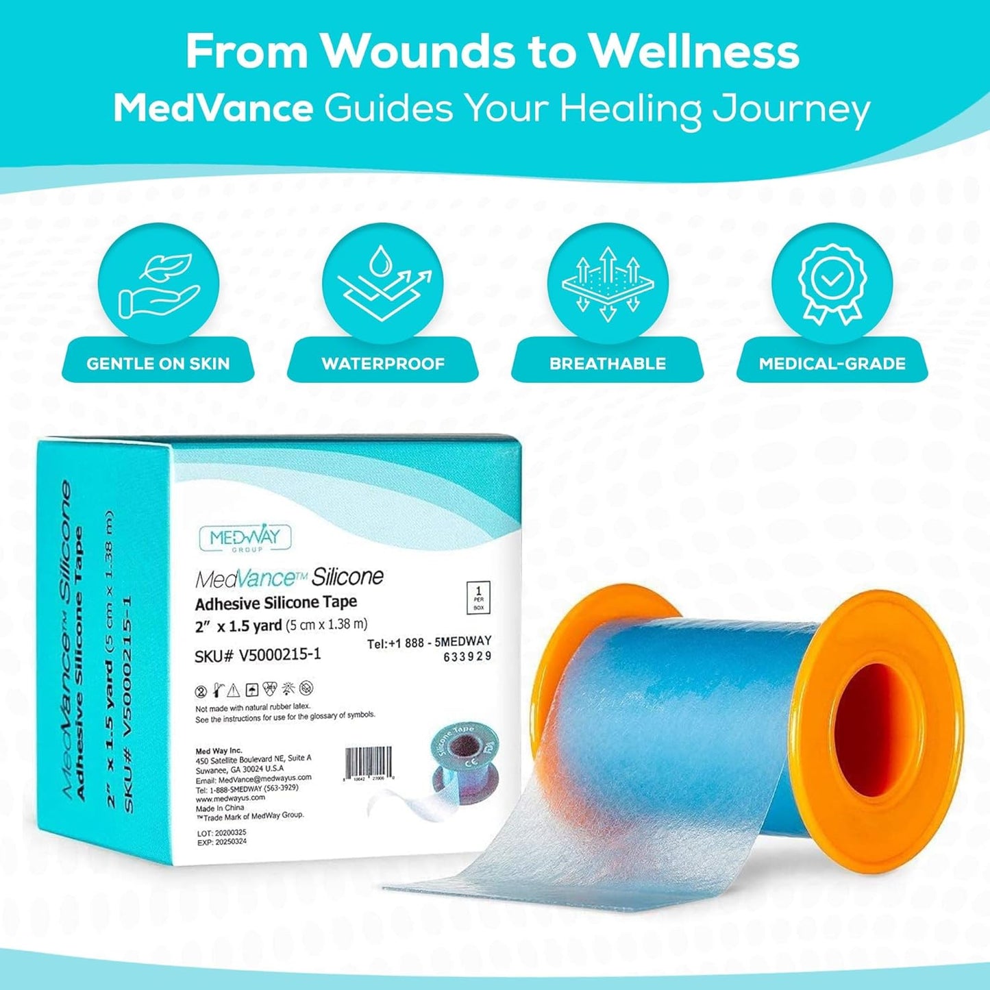 Medvance Cuttable Soft Silicone Tape - Waterproof Breathable Tape for All Skin Types - Easy Apply Non Stick Tape for Wounds - Adhesive Silicone Bandages for Blisters (3 Pack, 5 Feet Rolls)