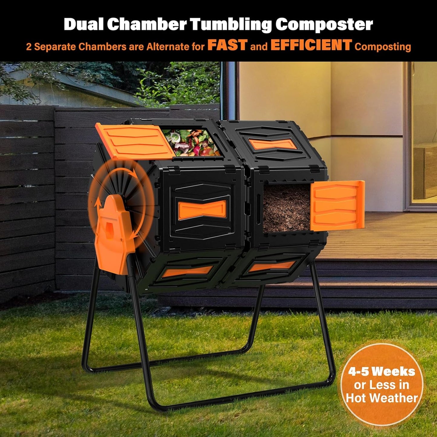 Compost Tumbler, Easy Assemble & Efficient Outdoor Compost Bin, 45 Gallon/170 Liter Large Dual Chamber Rotating Composter for Garden, Kitchen, and Yard Waste, Orange Door