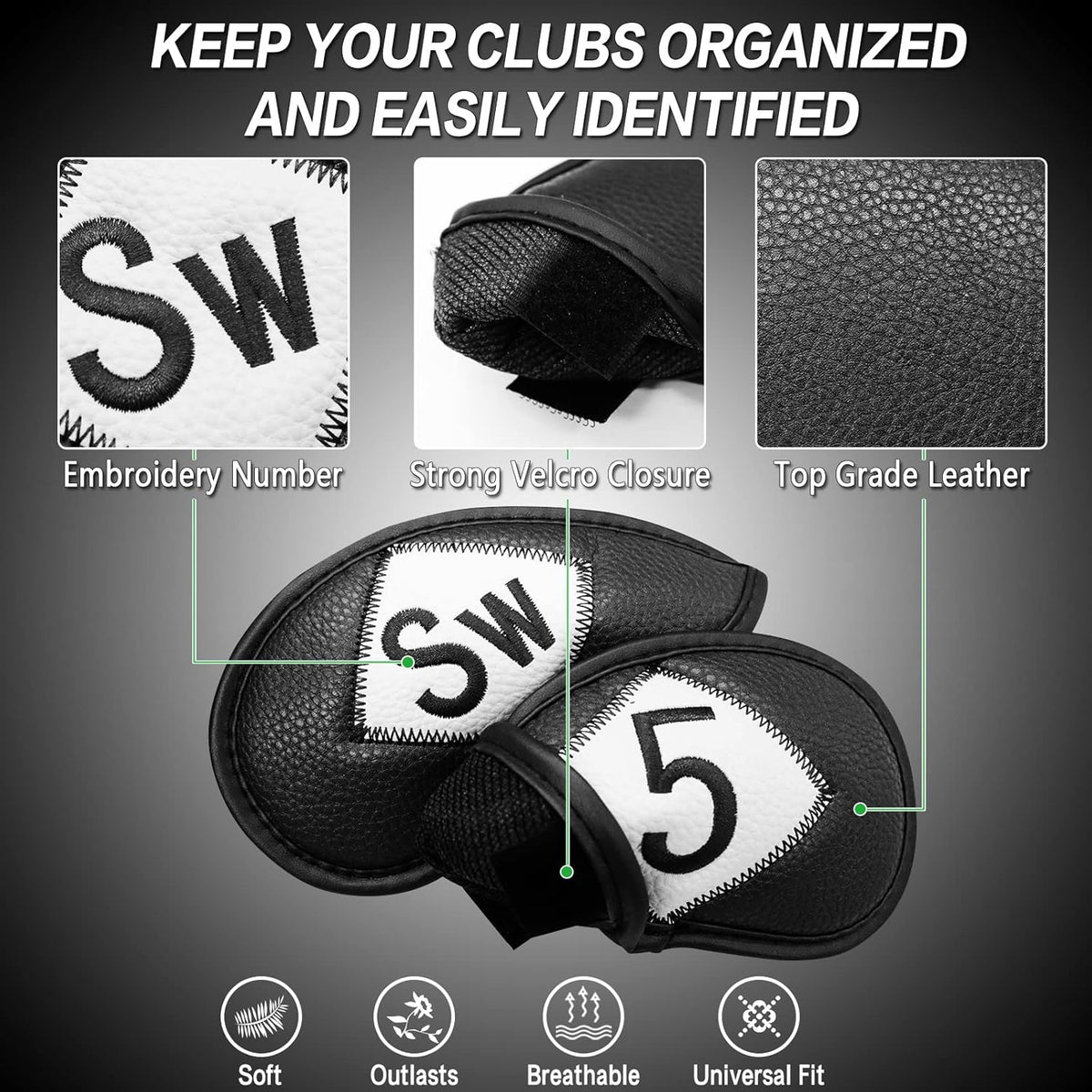 FINGER TEN Premium Synthetic Leather Stylish Iron & Wedge Golf Head Covers Value 12 Piece Set, Embroidered Labels & Fits Most Clubs Gift Set, Travel Protection Accessories