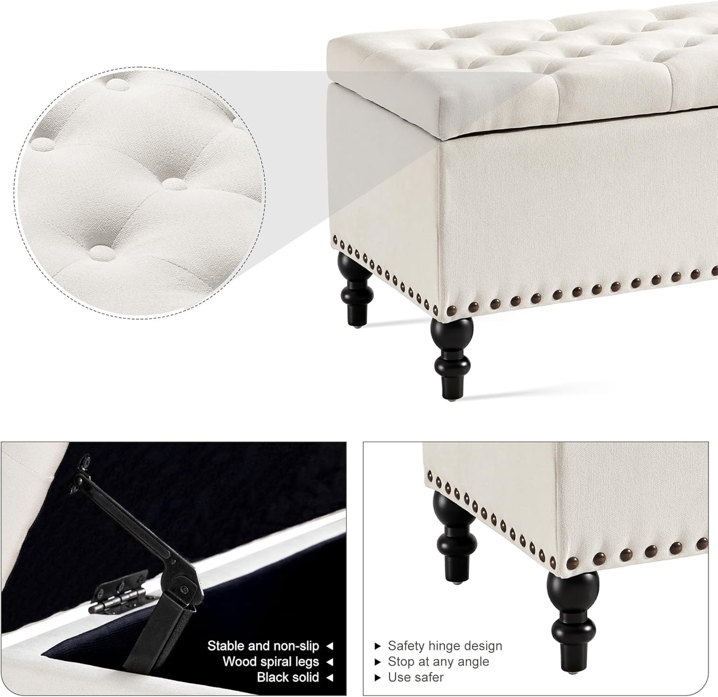 Storage Ottoman 50.2 Inches Upholstered Fabric Storage Ottoman Bench，Button Tufted Ottoman with Storage for Living Room，Bedroom End of Bed Bench Withstands 304lbs