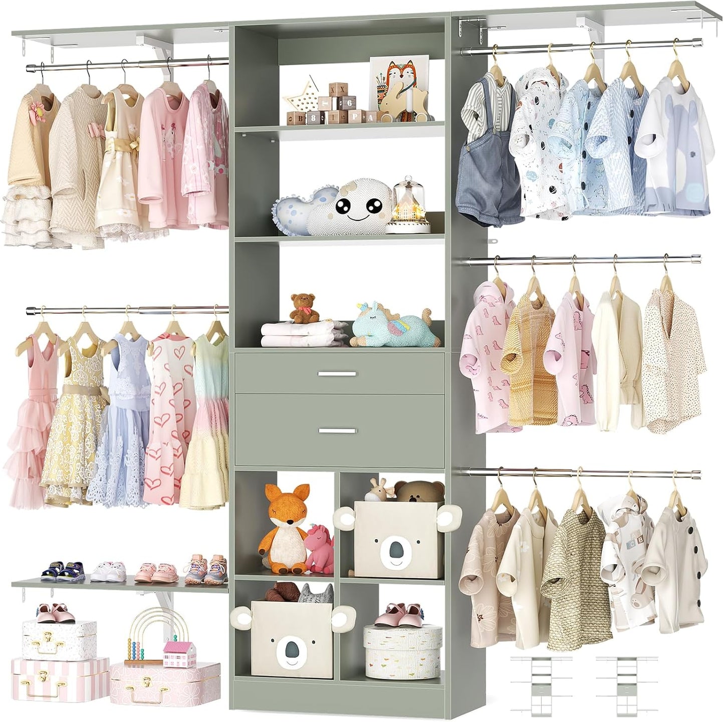 5FT Small Closet System, Baby Closet Organizer System with Wooden Drawers, 60 Inches Walk in Closet System with 5 Hanging Rods and 3 Reversible Hanging Shelving, Crab Green