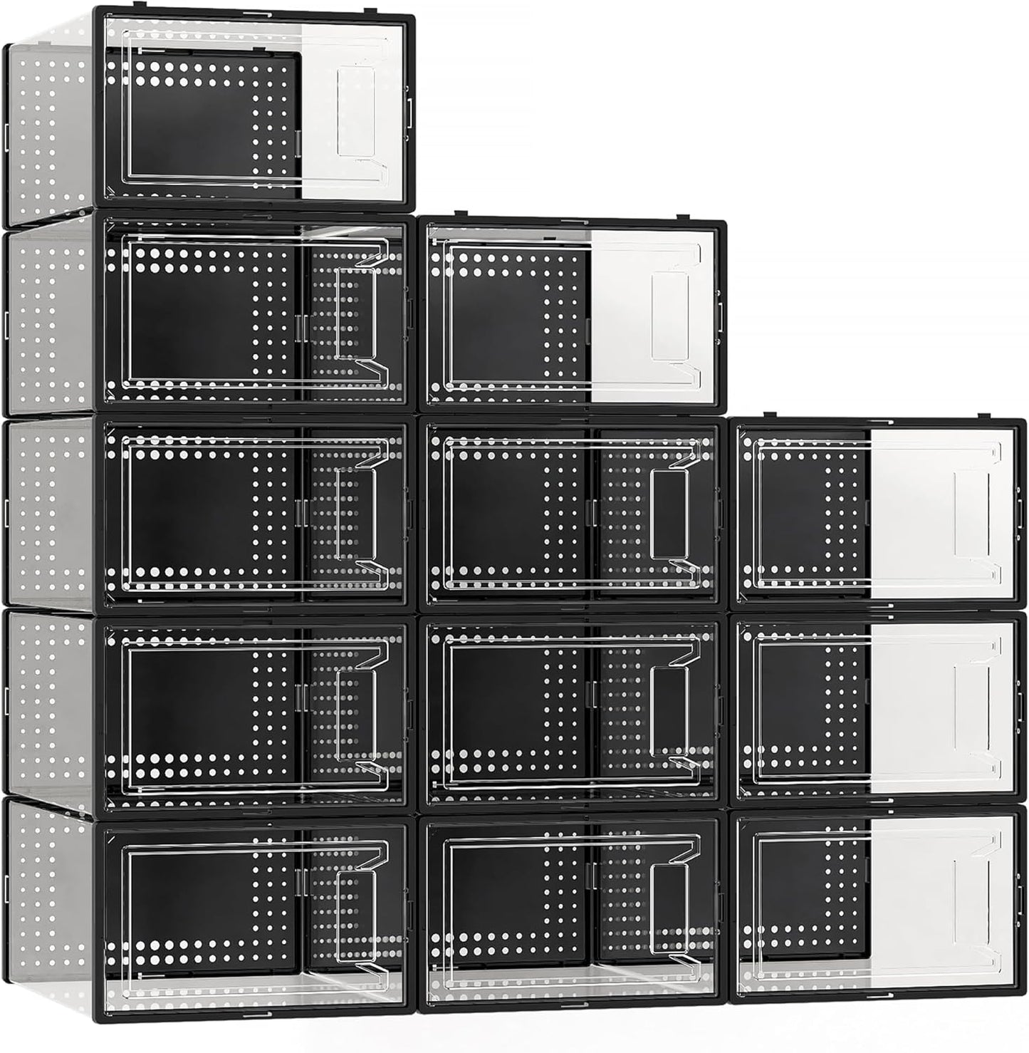 12 Pack X Large Shoe Storage Organizer for Closet, Modular Space Saving Shoe Boxes Clear Plastic Stackable Containers Display Case Bins with Lids, Black