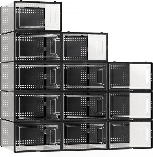 Secret Space 12 Pack XXX Large Shoe Organizer Storage Boxes for Closet, Modular Space Saving Shoe Boxes Clear Plastic Stackable Sneaker Containers Display Case with Lids, Black05