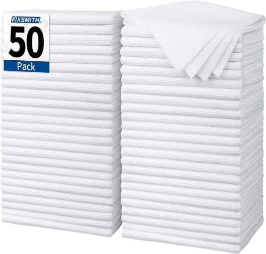 FIXSMITH White Microfiber Cleaning Cloth, Pack of 50, 16"X12" Cleaning Rags for Housekeeping and Kitchen, Reusable Shop Towels, Microfiber Towels for Cars, Lint Free, Scratch-Free, Highly Absorbent
