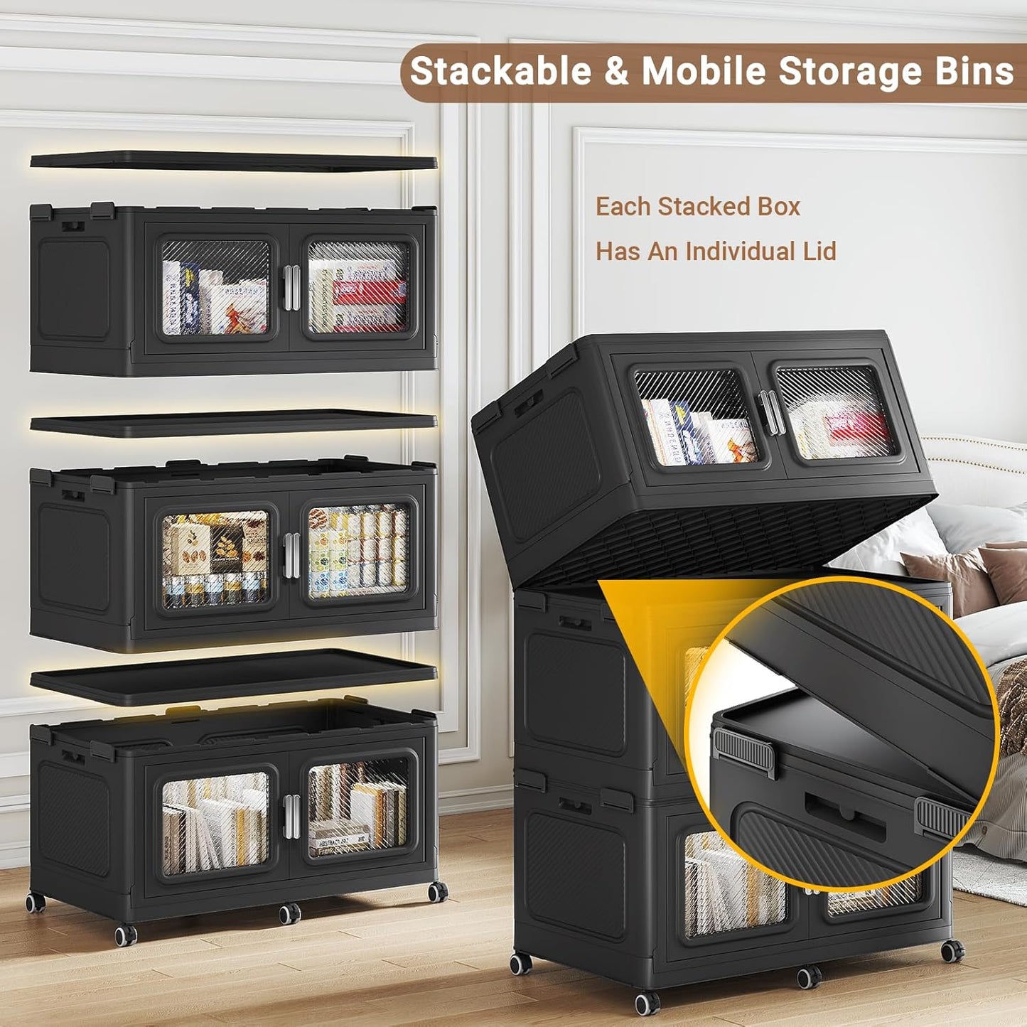 BROVIEW 220 Qt Stackable Storage Bin with Lids, 55Gal Extra Large Collapsible Storage Boxes, Folding Plastic Drawer, Heavy-Duty Store Cabinet, Closet Organizer for Home Kitchen, 1 Pack Black