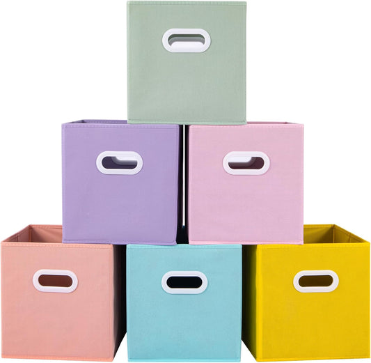 Stero Fabric Storage Cubes Bins, 11 inch Fun Colored Foldable Storage Baskets with Dual Plastic Handle for Home, Kids Room, Closet and Toys Organization, Multi Colored, Set of 6
