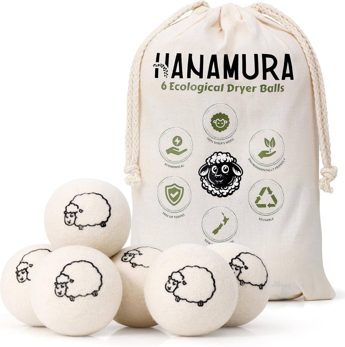 Hanamura 6 XXL Wool Dryer Balls - TÜV Tested 100% New Zealand Wool Balls for Dryer - Energy Saving & Baby-Safe Reusable Dryer Balls for Laundry - Non-Toxic Fabric Softener for WAD Free Laundry