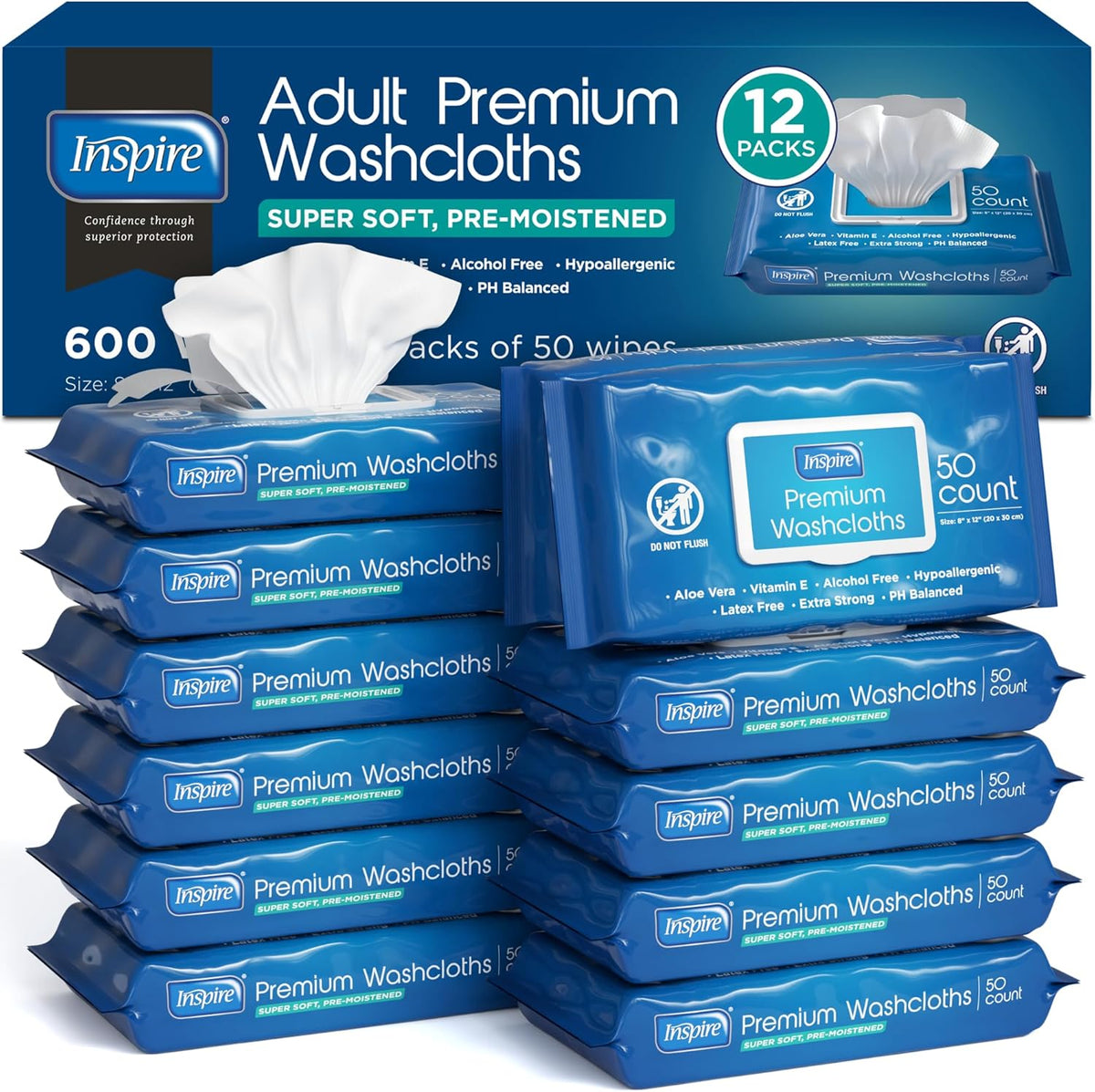 Inspire Adult Wet Wipes, Wash Cloths | Adult Wipes for Incontinence & Cleansing for Elderly, 8"x12" Count 12 packs of 50
