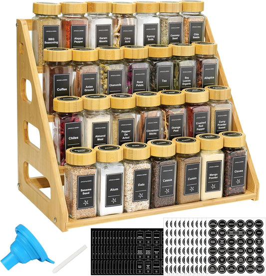 4 Tier Bamboo Spice Rack Organizer with 28 Spice Jars, 780 Labels, Wood Shelf, Chalk Marker and Funnel Set for Cabinet Kitchen Countertop, Empty 4 oz Glass Jars