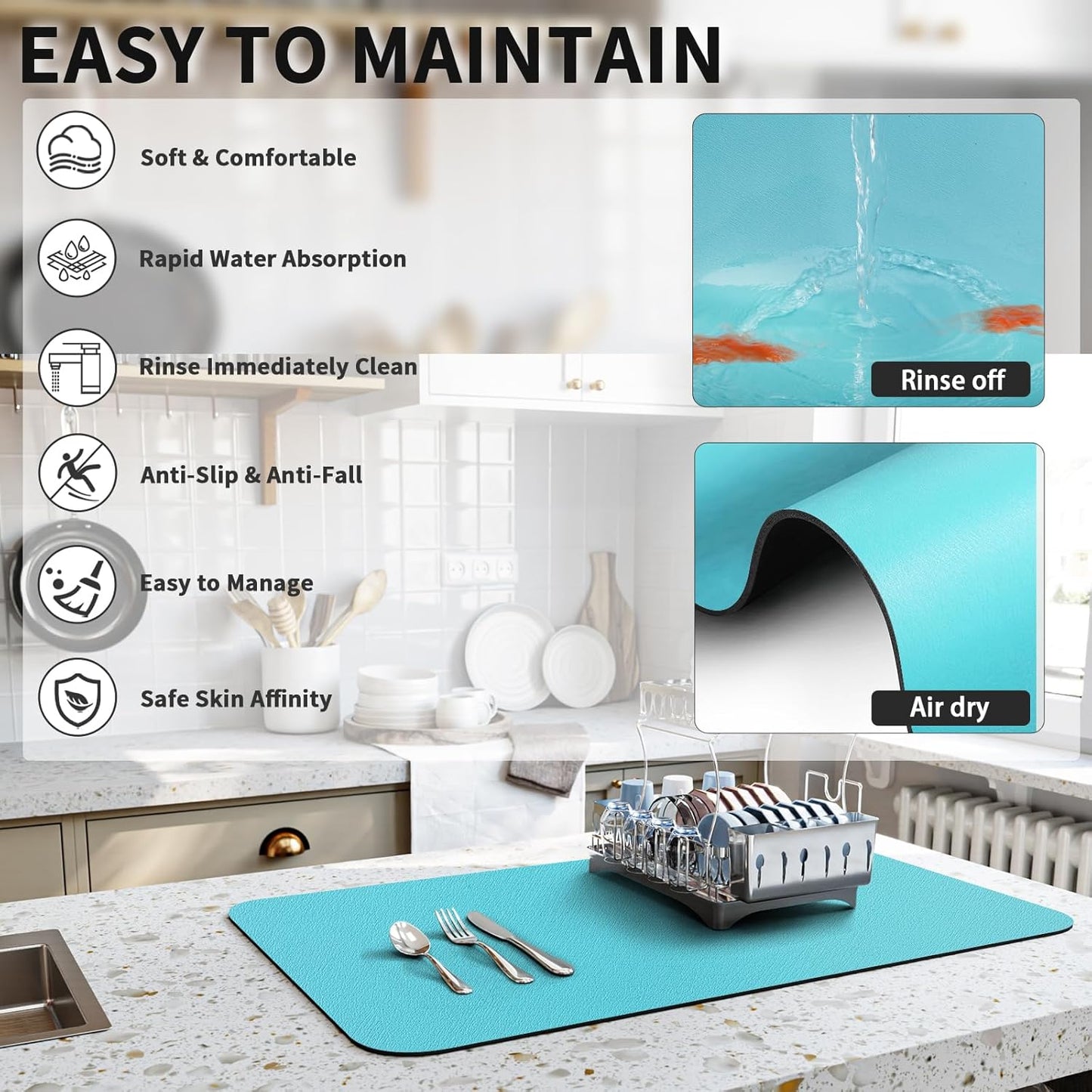 Dish Drying Mat for Kitchen Counter, Heat Resistant Drainer Mats with Non-slip Rubber Backed, Hide Stain Kitchen Super Absorbent Draining Mat, Easy to Clean Dish Rack Pad, Teal 18"x24"