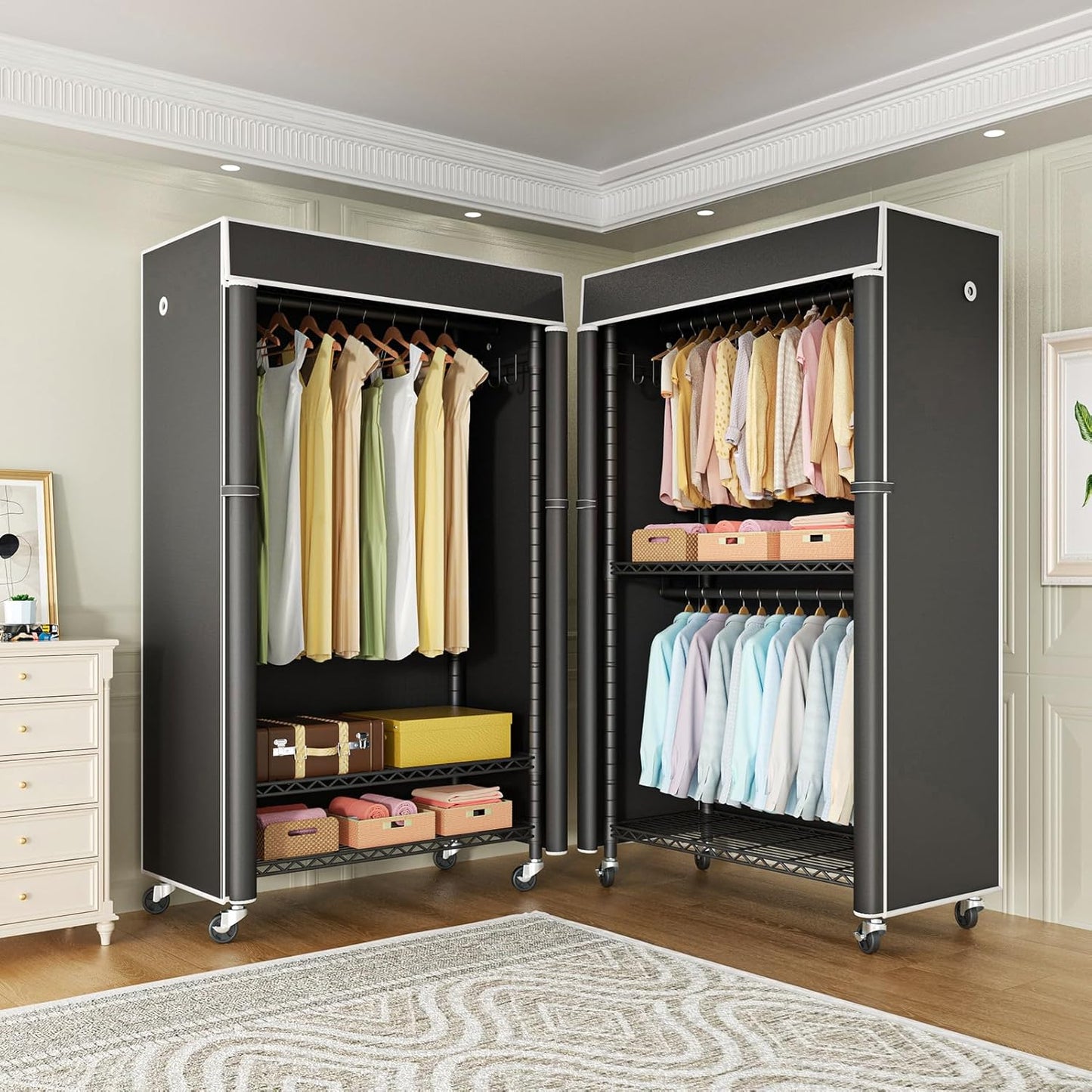 FUTASSI Clothing Rack with Cover, P1C Rolling Closets with Wheels, Metal Garment Rack for Hanging Clothes, Clothing Storage Wardrobe with Cover, 36.2" W x 16.5" D x 80.5" H, Black, Load 450 Pounds