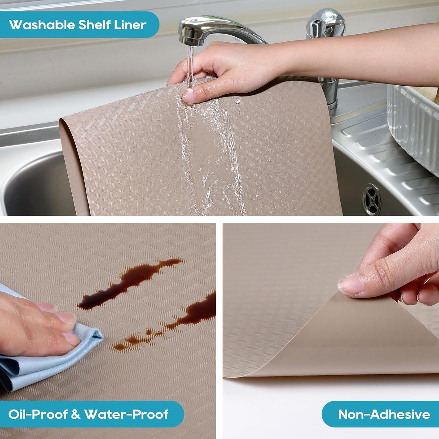 Shelf Liners for Kitchen Cabinets, Waterproof and Oil-Proof Kitchen Cupboard Liner, Refrigerator Liners and Plastic Drawer Mats EVA Non Adhesive Shelves, Fridge - Beige 11.8 x 118 Inches