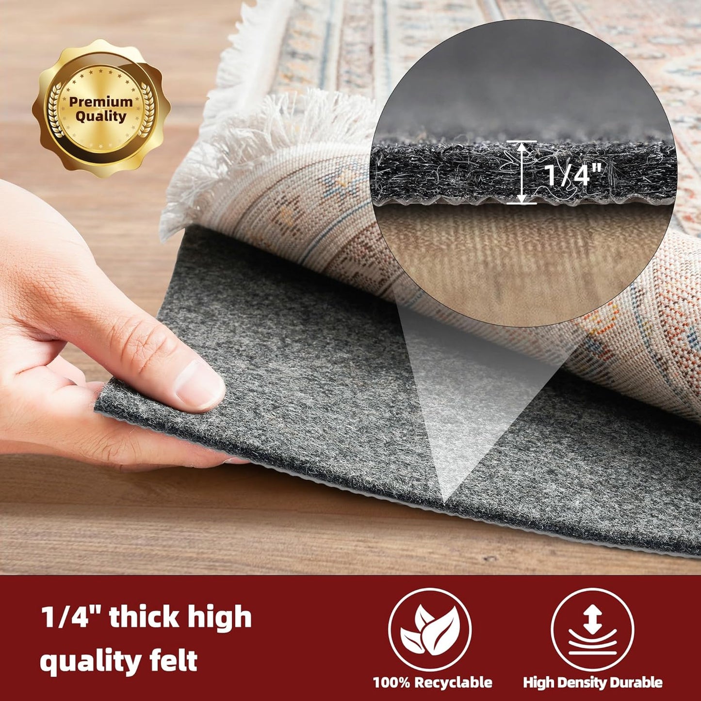 BAGAIL Felt and Natural Rubber Backing Rug Pads 1/4” Thick, 10 x 14 Ft Non Slip Carpet Gripper Keep Rugs in Place, Under Area Rug Protective Cushioned Pads, Carpet Runners, Hardwood Floors Protection