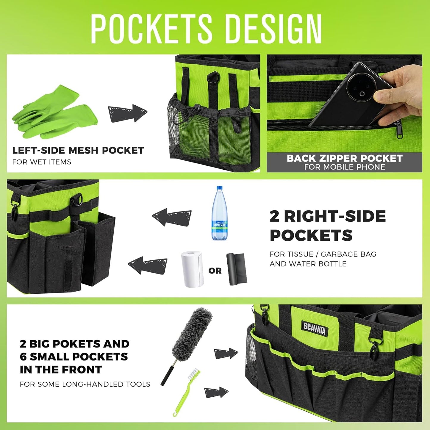 Wearable Cleaning Caddy Bag, Cleaning Caddy Supplies Organizer with Handle & Shoulder Straps for Housekeepers, Under Sink & Car Cleaning Tool Organizers with 4 Foldable Divider (NeonGreen)