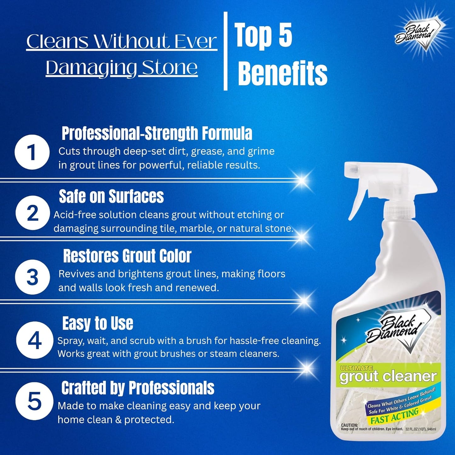 Black Diamond Ultimate Grout Cleaner: Best Cleaner for Tile, Ceramic, Porcelain, Marble Acid-Free Safe Deep Cleaner & Stain Remover for Even The Dirtiest Grout (1-Gallon)