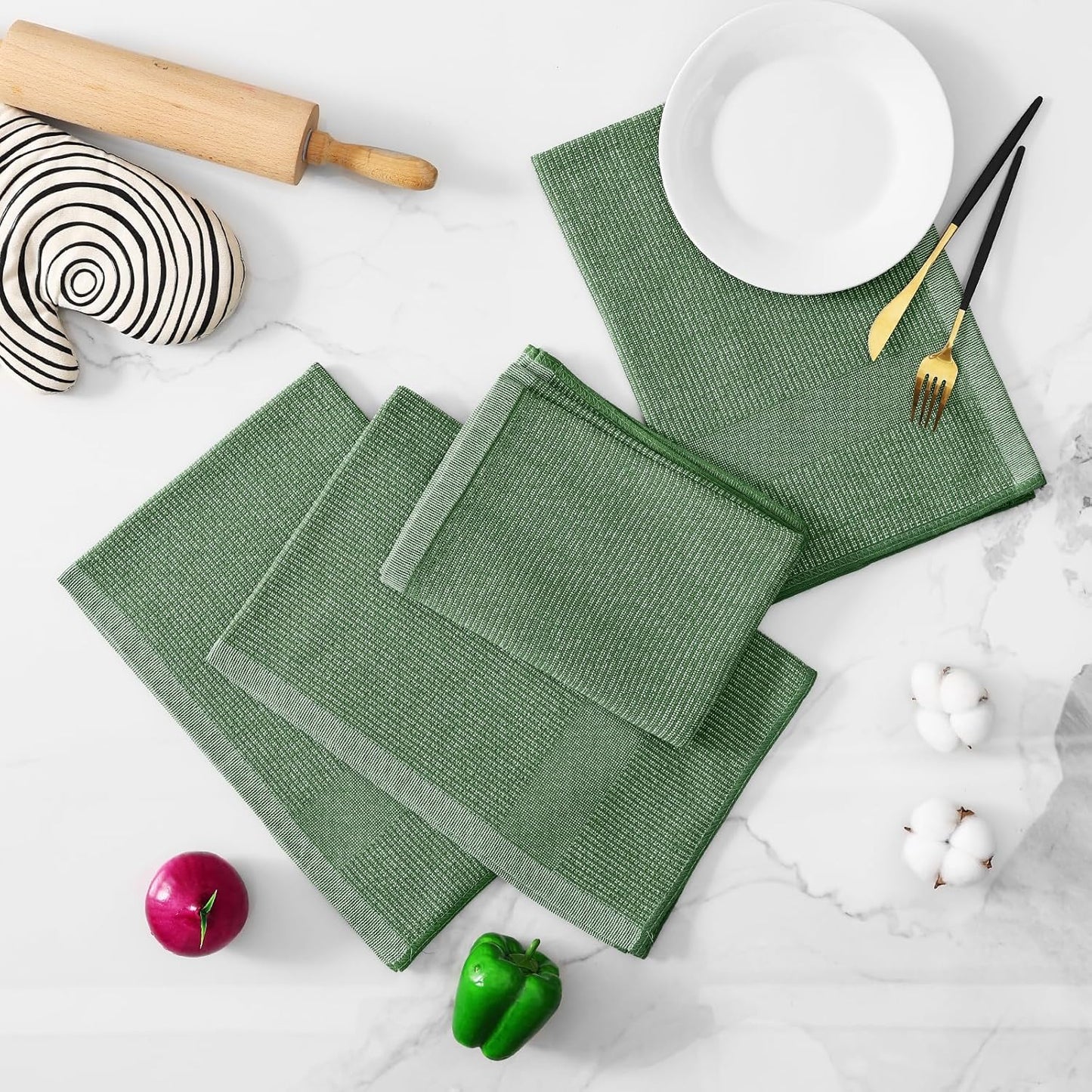 Homaxy Premium Kitchen Towels(18”x 28”, 8 Pack), Large Cotton Kitchen Hand Towels, Flat and Terry Dish Towels, 380 GSM Highly Absorbent Tea Towel Set with Hanging Loop, Grass Green