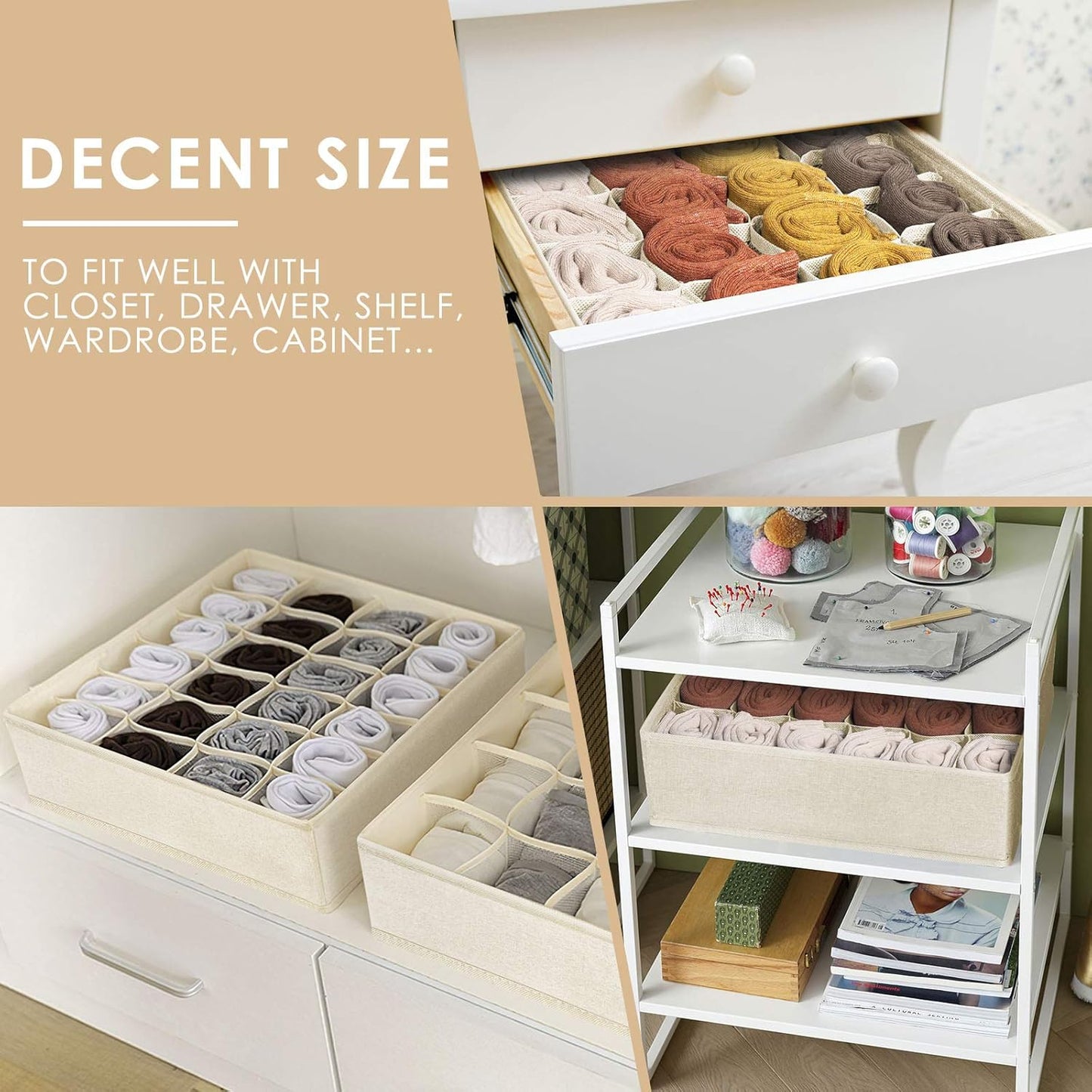 Criusia 3 Pack Sock Underwear Drawer Organizer Dividers, 64 Cell Fabric Foldable Cabinet Dresser Closet Organizers and Storage Boxes for Organizing Socks, Underwear, Ties (16+24+24 Cell, Beige)