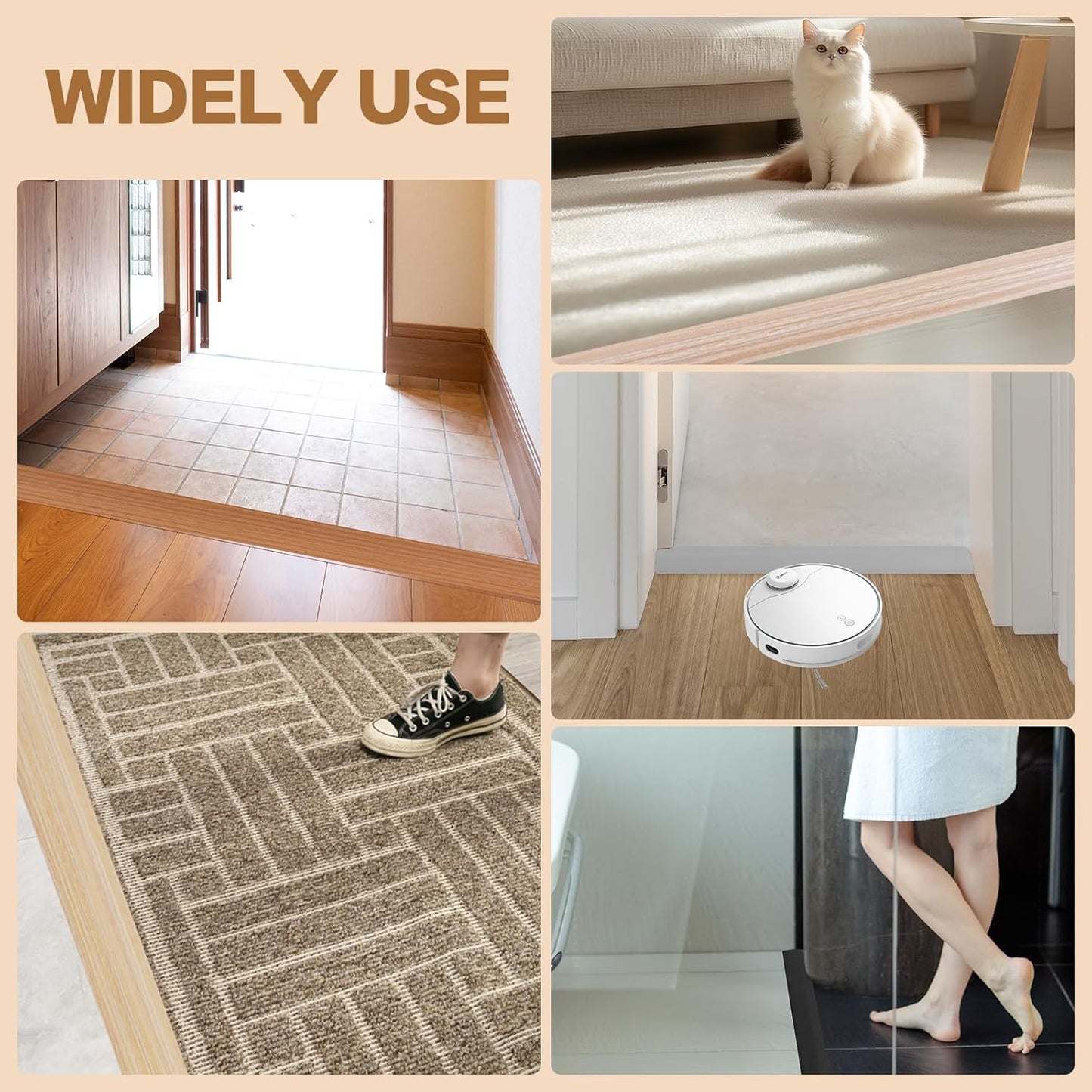 Floor Transition Strip Vinyl Door Threshold Ramp Self Adhesive Carpet Edging Strip Doorway Edge Trim, Overlap Edge Reducer for Laminate Carpet, Floor, Tile (Orange Oak, 1/5" to 2/5", 6.6Ft)