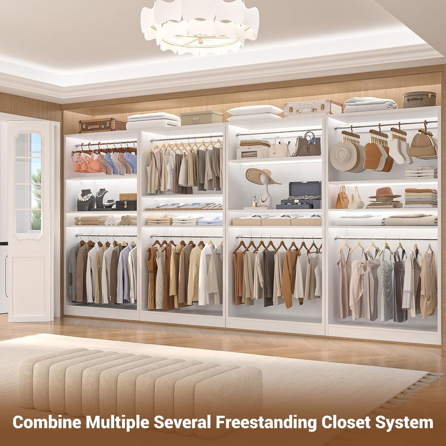 Unikito 3FT Freestanding Closet System with 2 Hanging Rods & Adjustable Shelve, 36'' Wood Closet Organizer System, Clothes Garment Rack, Sturdy Walk-in Closet Tower, Easy Assembly, Hold 800LBS, White