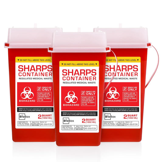 Sharps Container Large - Sharps Containers for Home Use and Labs - Portable Needle Disposal and Travel Size Biohazard Bin - 2 Quart (Pack of 3)