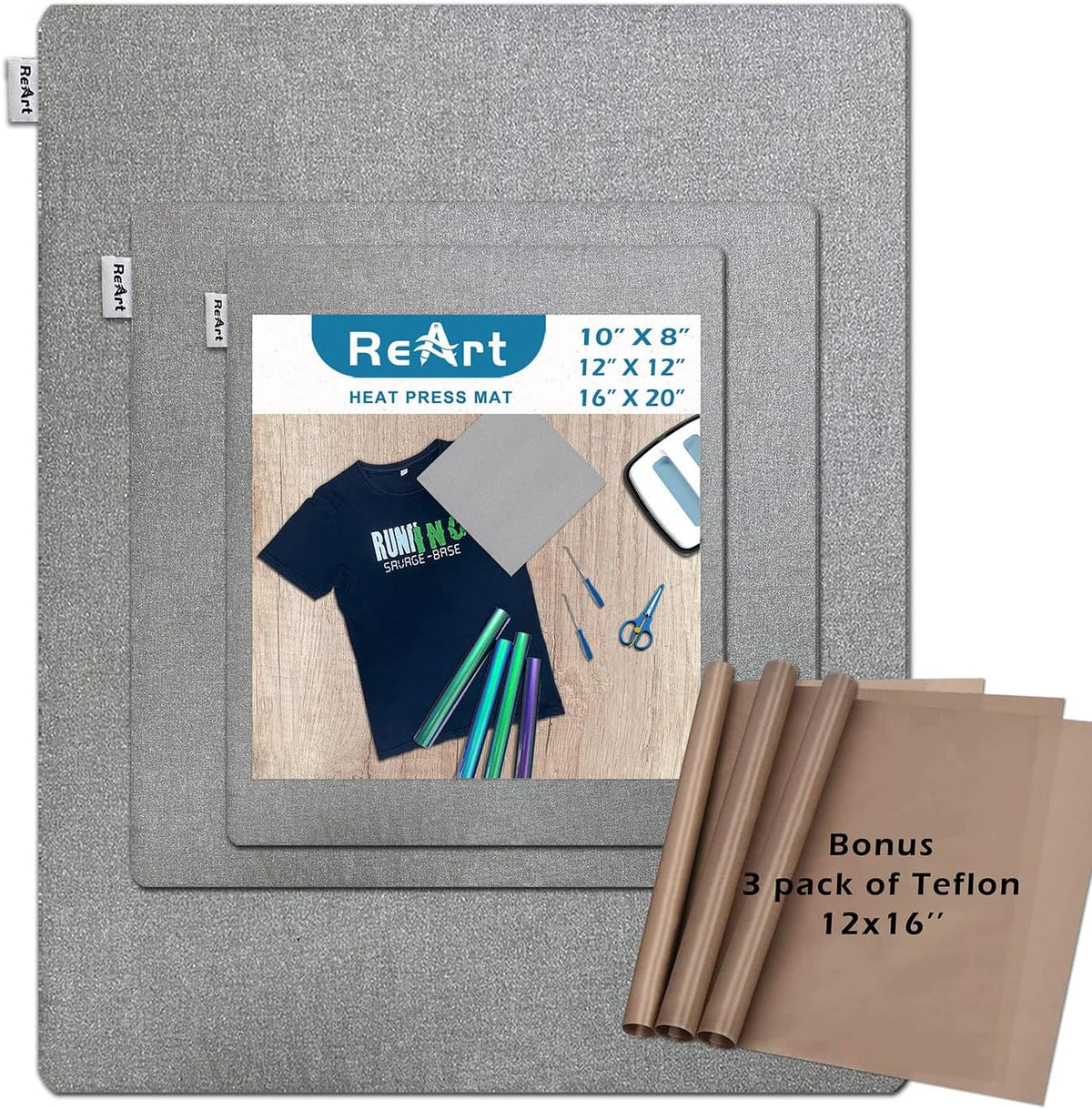 ReArt 3 Pcs Heat Press Mat 10" x 8" / 12" x 12" / 16" x 20" with 3 Pcs Teflon 12" x 16" for Cricut Easypress Both Sides Applicable - Cricket Craft Vinyl Ironing Insulation Transfer Heating Mats