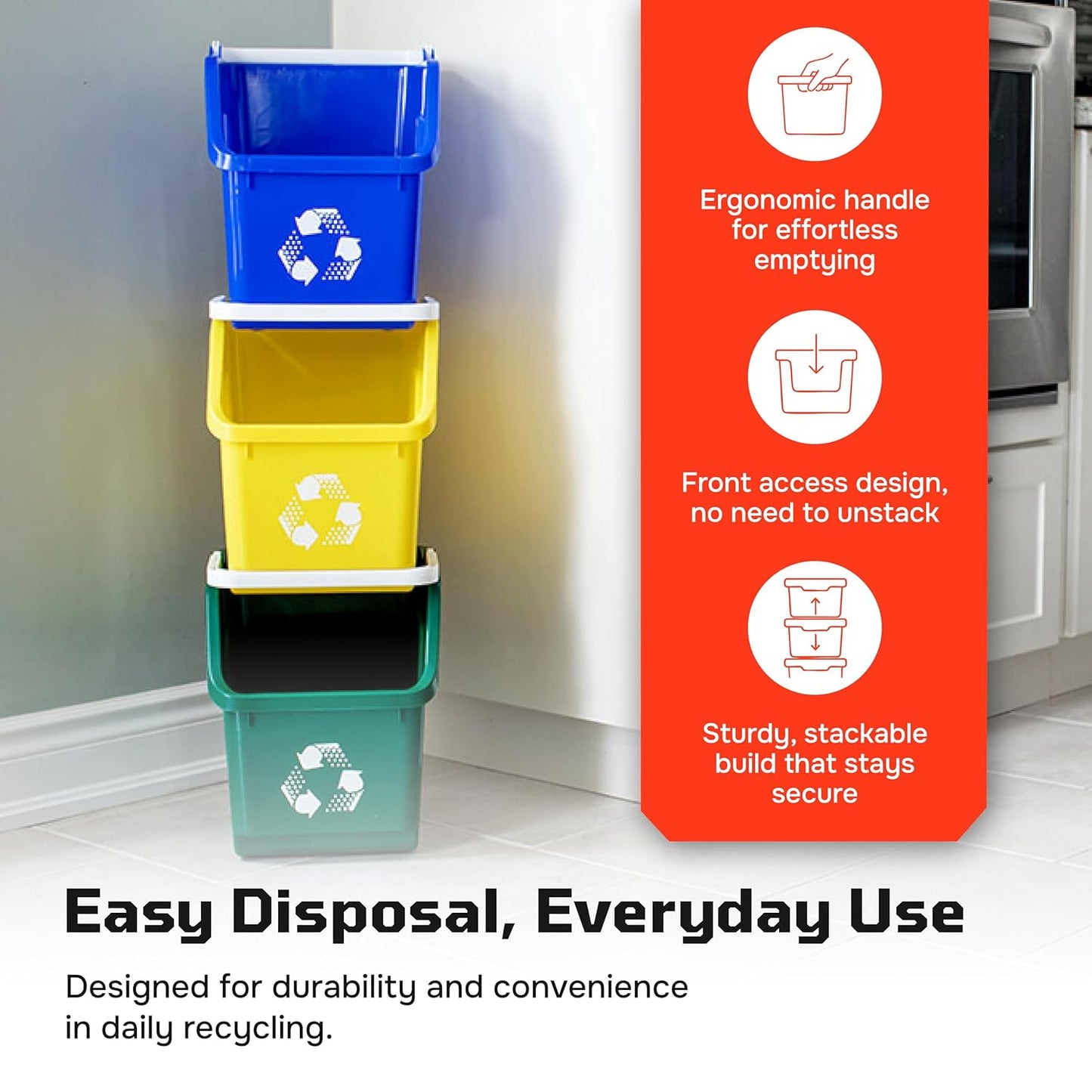 Multi Recycling Bin System with Three Stacking 6 Gallon Bins with Carrying Handles, Stackable and Compact for Offices, Homes, Garages, Businesses (Yellow, 6 Pack)