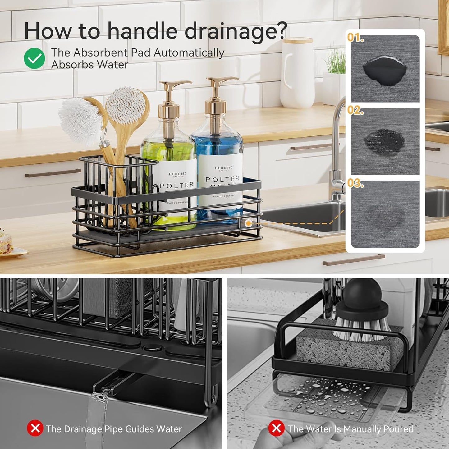 Yofidra Sponge Holder for Kitchen Organizer: Sink Caddy with Instant Drying Stone, Metal Stainless Steel, 9.5" X 3.5" X 5.2" Home Decor Storage and Organization Accessories