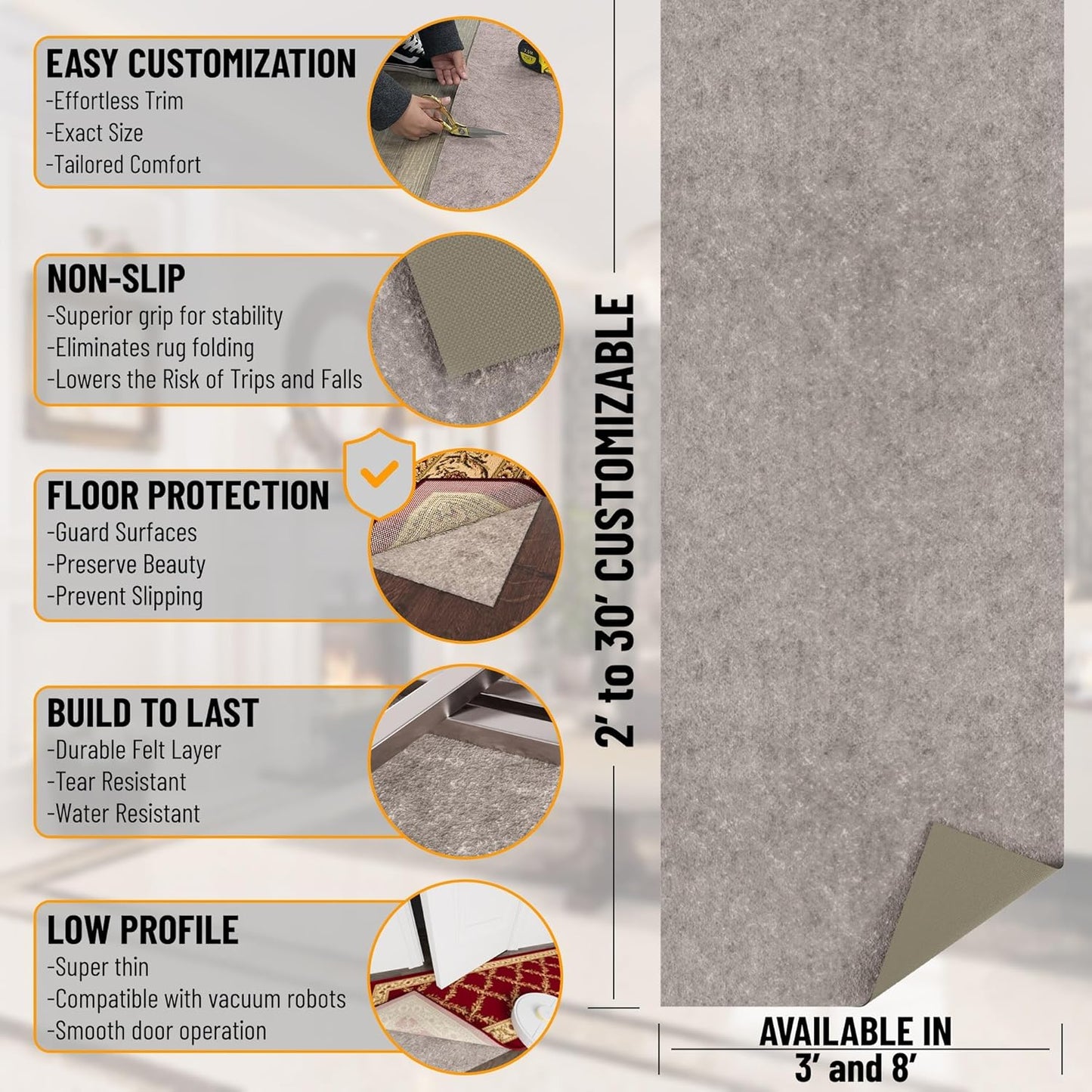 Ottomanson 3' x 12' Non-Slip Rug Pad Gripper 1/4 Inch Thick Dual Surface Felt + Rubber Gripper - Safe for All Floors, Brown