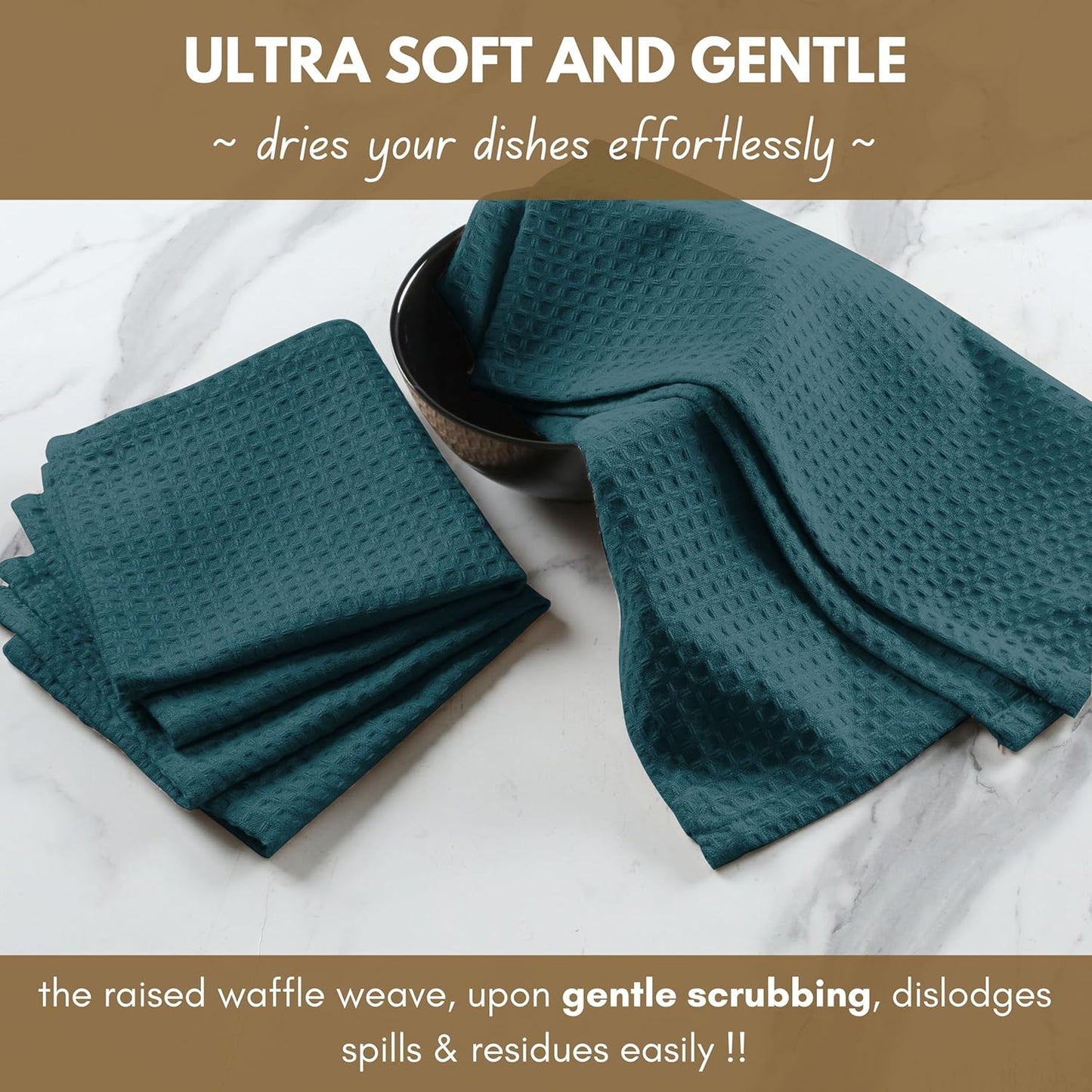 Native Fab Cotton Kitchen Towel with Hanging Loop 16x26 inches, 6-Pack, Waffle Weave Kitchen Towels for Cleaning Drying, Washcloths Soft & Absorbent Cloth Rags, Bar Towel, Dish Cloth, Teal Green