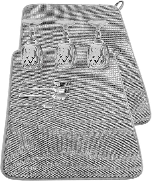 2Pack Large Dish Drying Mat for Kitchen Counter,24 x 17 Inch Microfiber Absorbent Dish Drying Pad,Large Size Dishes Drainer Mats for Countertops,Sinks,Draining Racks(Gray)