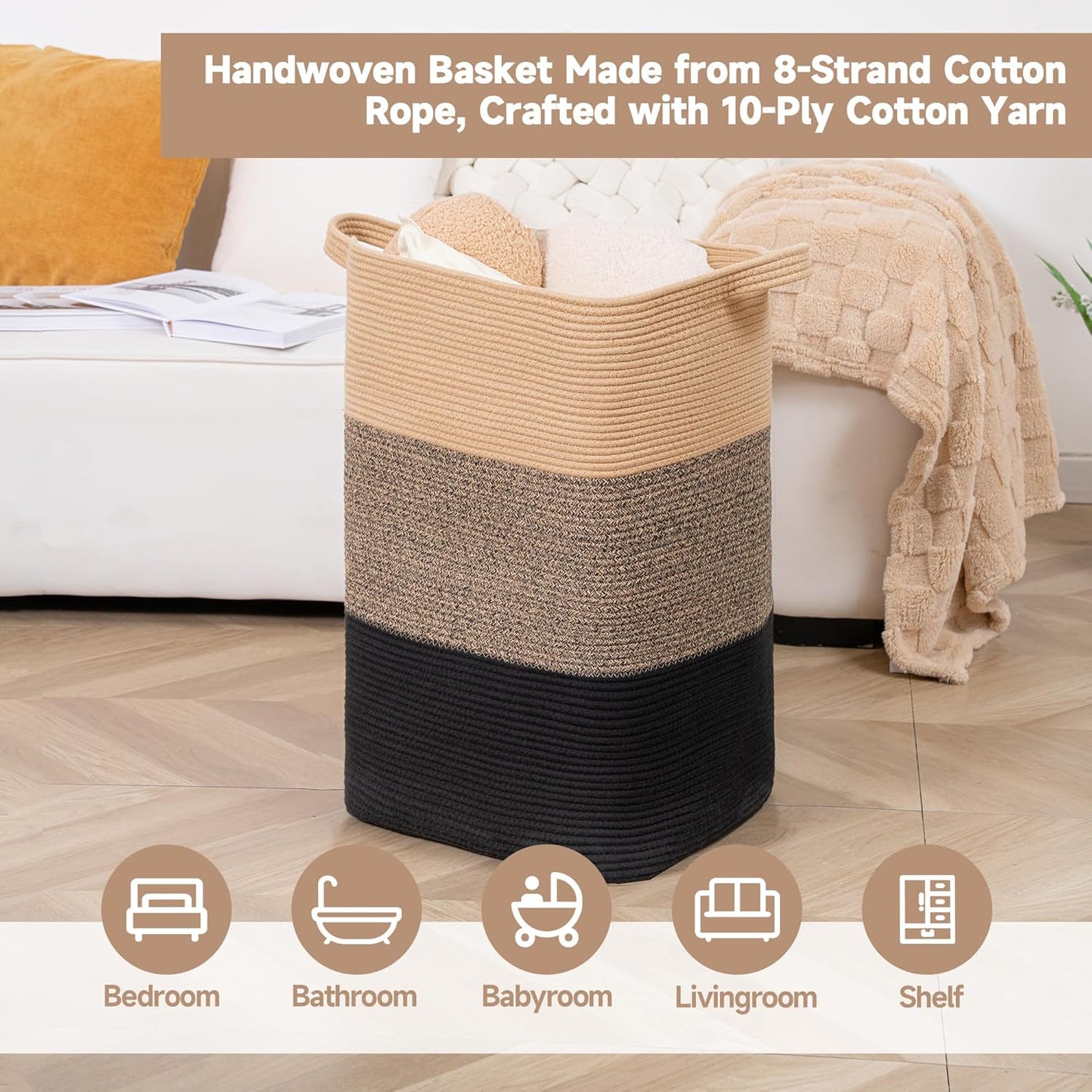 CLHMILY&Z 75L Laundry Basket Rectangular Black Jute Rope - 16x13x22 Inches - Dirty Clothes and Soft Storage Bin for Blankets, Toys, and Nursery Essentials