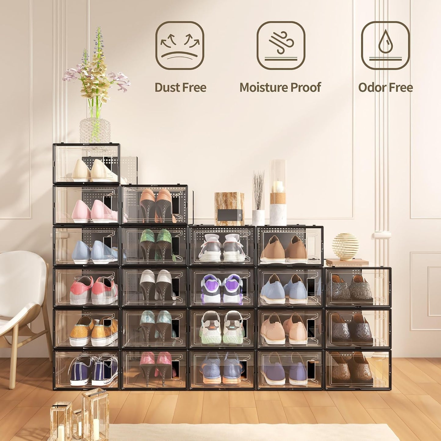 Secret Space 12 Pack XXX Large Shoe Organizer Storage Boxes for Closet, Modular Space Saving Shoe Boxes Clear Plastic Stackable Sneaker Containers Display Case with Lids, Black05