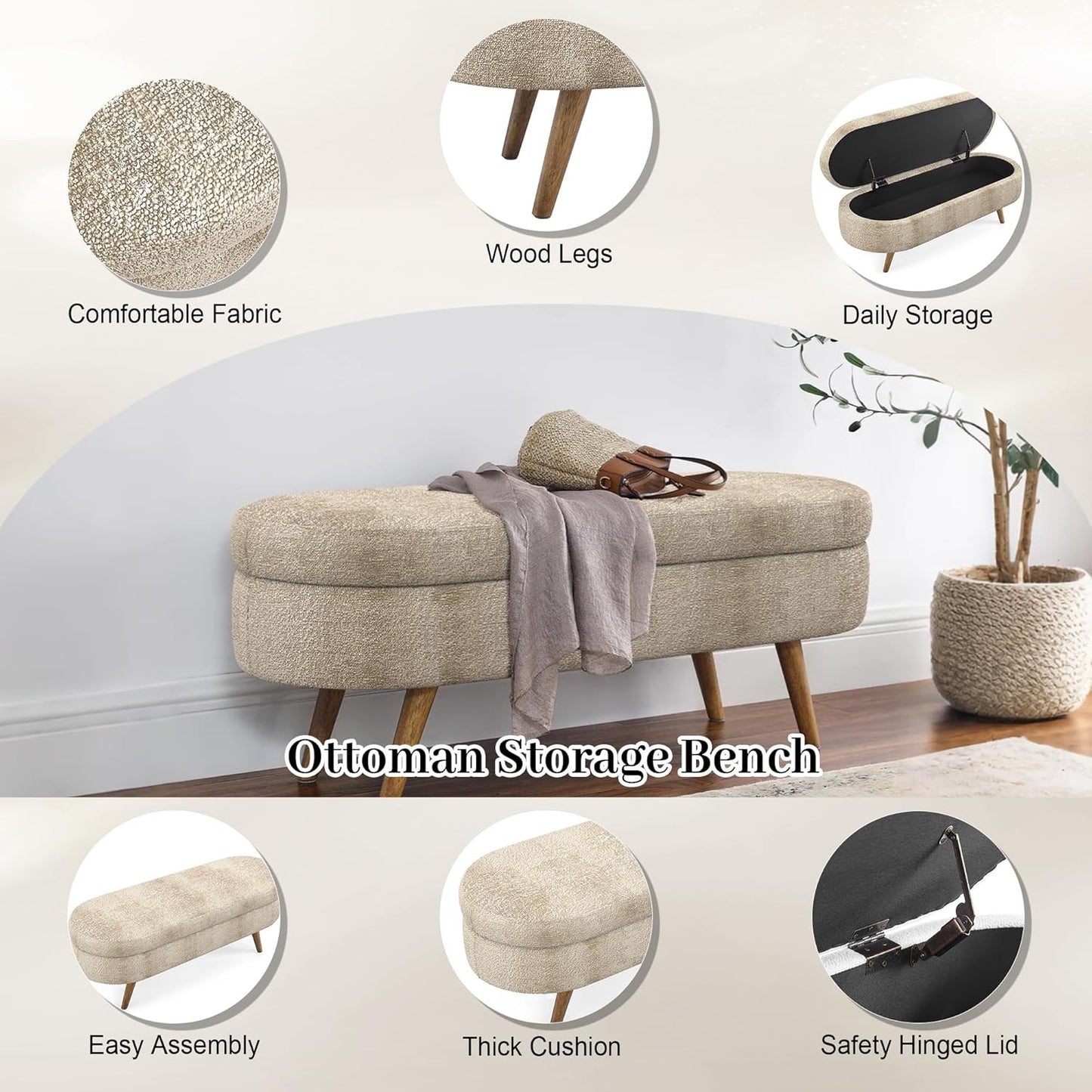 Storage Bench, 43" Storage Ottoman Bench, Shoe Storages Benches for Bedroom, Upholstered Entryway Benches with Seating, Rubber Wood Legs for Bedroom, Living Room, Entryway, Bed Side, Brown