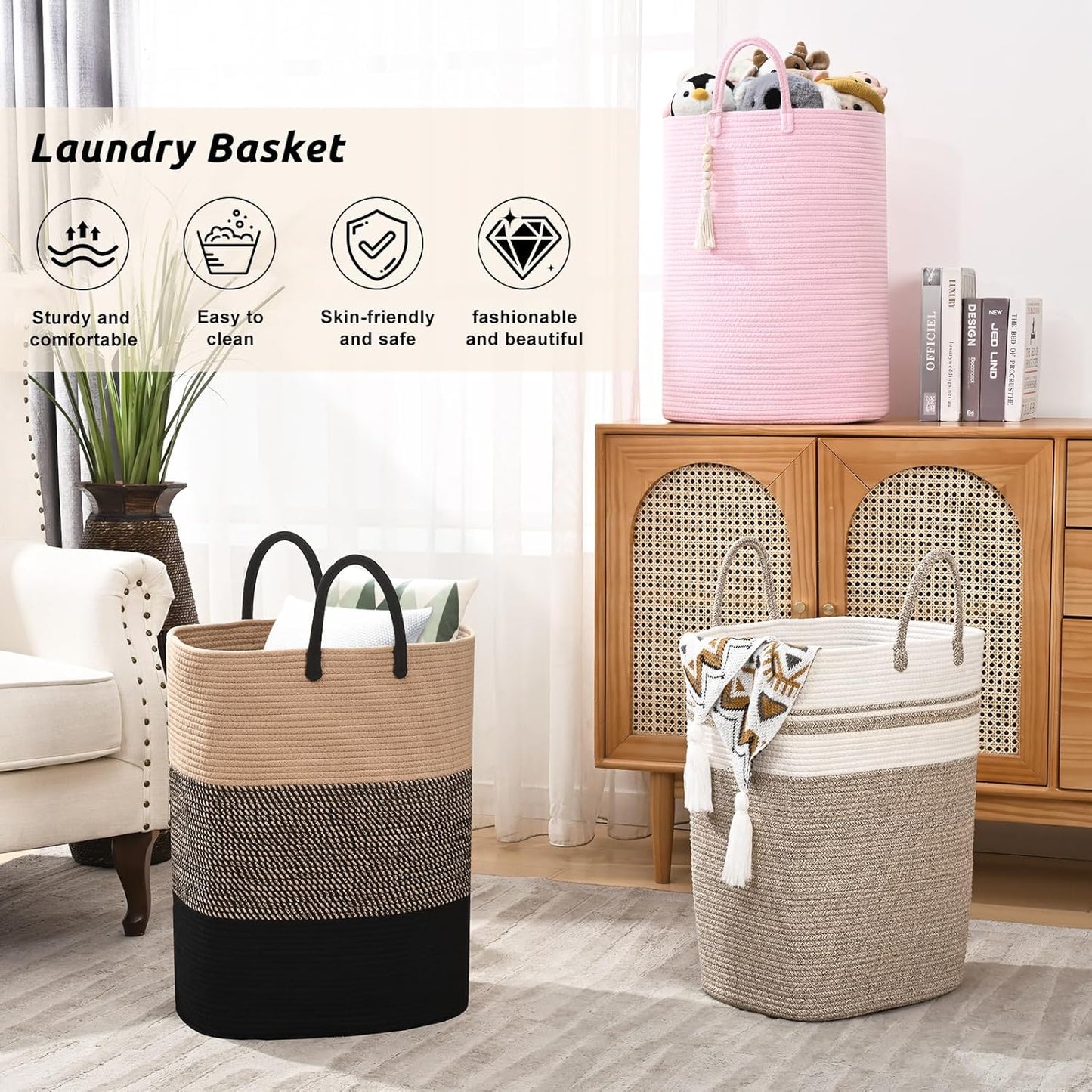Woven Laundry Basket for Clothes, 100 L Large Rectangle Laundry Hampers, Nursery Storage Basket for Toys, Tall Dirty Clothes Hamper for Bedroom Aesthetic, Bathroom, Laundry Room