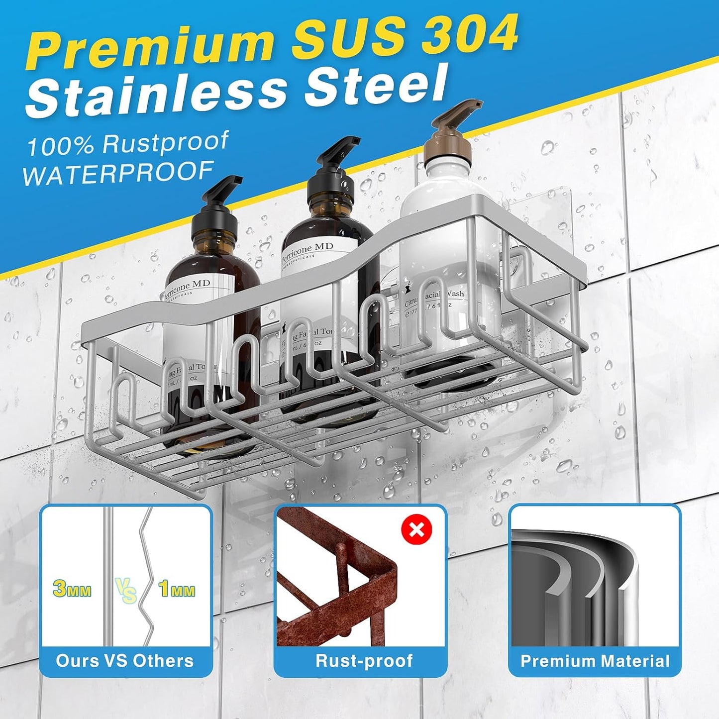 EUDELE 5-Pack Rustproof Stainless Steel Shower Caddy – No Drill Adhesive Bathroom Organizer with Large Capacity, Spacious Shower Shelves for Inside Shower, Kitchen & Home Decor Storage-XL Size