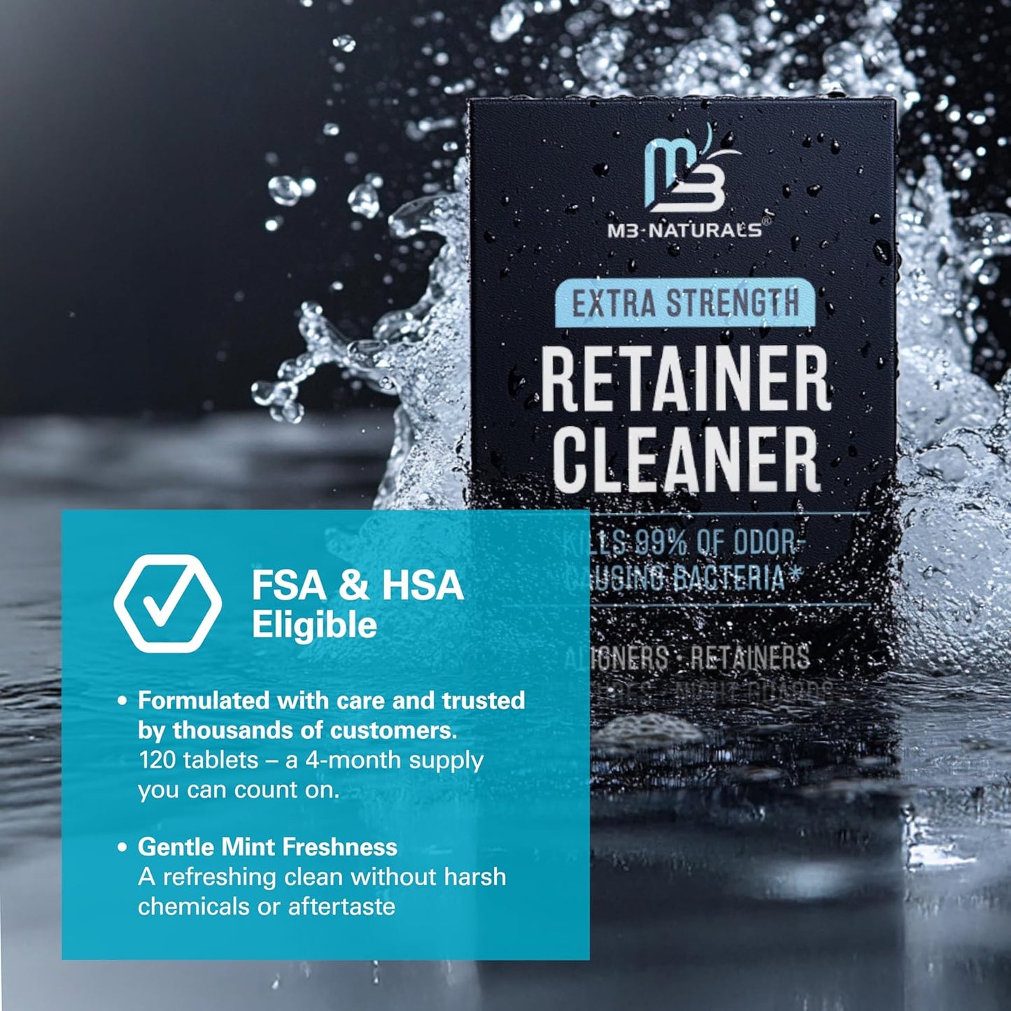 Retainer Cleanser Tablets Invisalign Cleaner, Removes Odors Discoloration Stains and Plaque 4 Month Supply Denture Cleansers Retainers Mouth Guards Denture Bath Mint by M3 Naturals