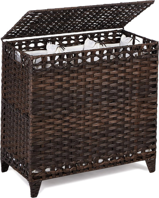 Laundry Hamper with 3 Removable Liner Bags; 132L Handwoven Rattan Laundry Basket with Lid & Heightened Feet; Clothes Hamper with Side Handles; Laundry Sorter with 3 Separate Sections (Brown)