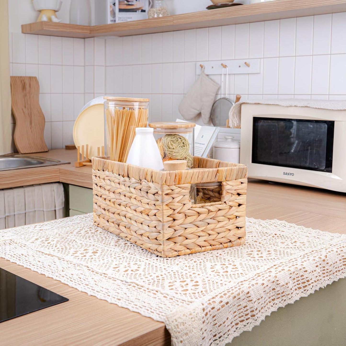 Set of 6 Wicker Storage Basket, Water Hyacinth Storage Baskets, Wicker Storage Baskets for Shelves, Wicker Baskets for Storage, Woven Baskets For Storage (6 Packs Medium)
