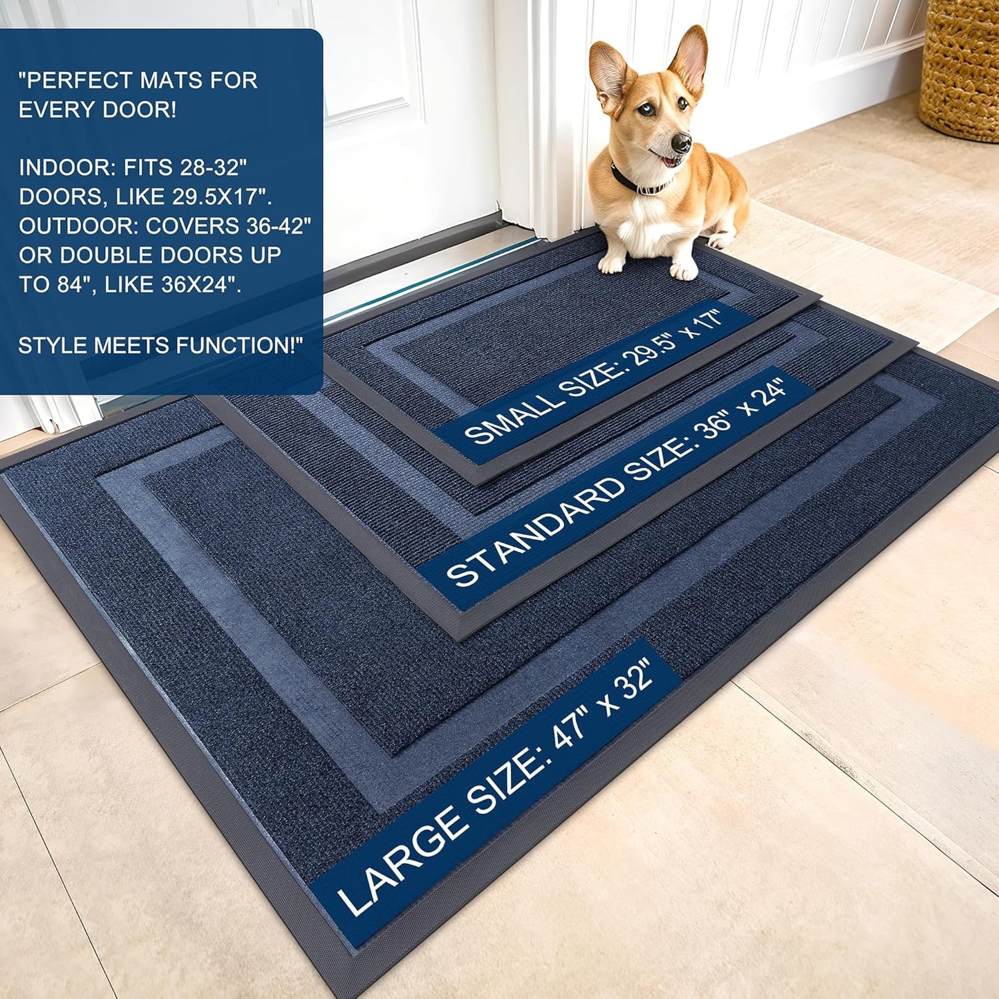 OLANLY Front Door Mat Indoor Outdoor Entrance, Waterproof All-Season, All-Weather Doormat, Sturdy Natural Rubber, Fade Resistant, Low Profile, Easy Clean Patio Porch Entryway Mat, 59x30, Blue