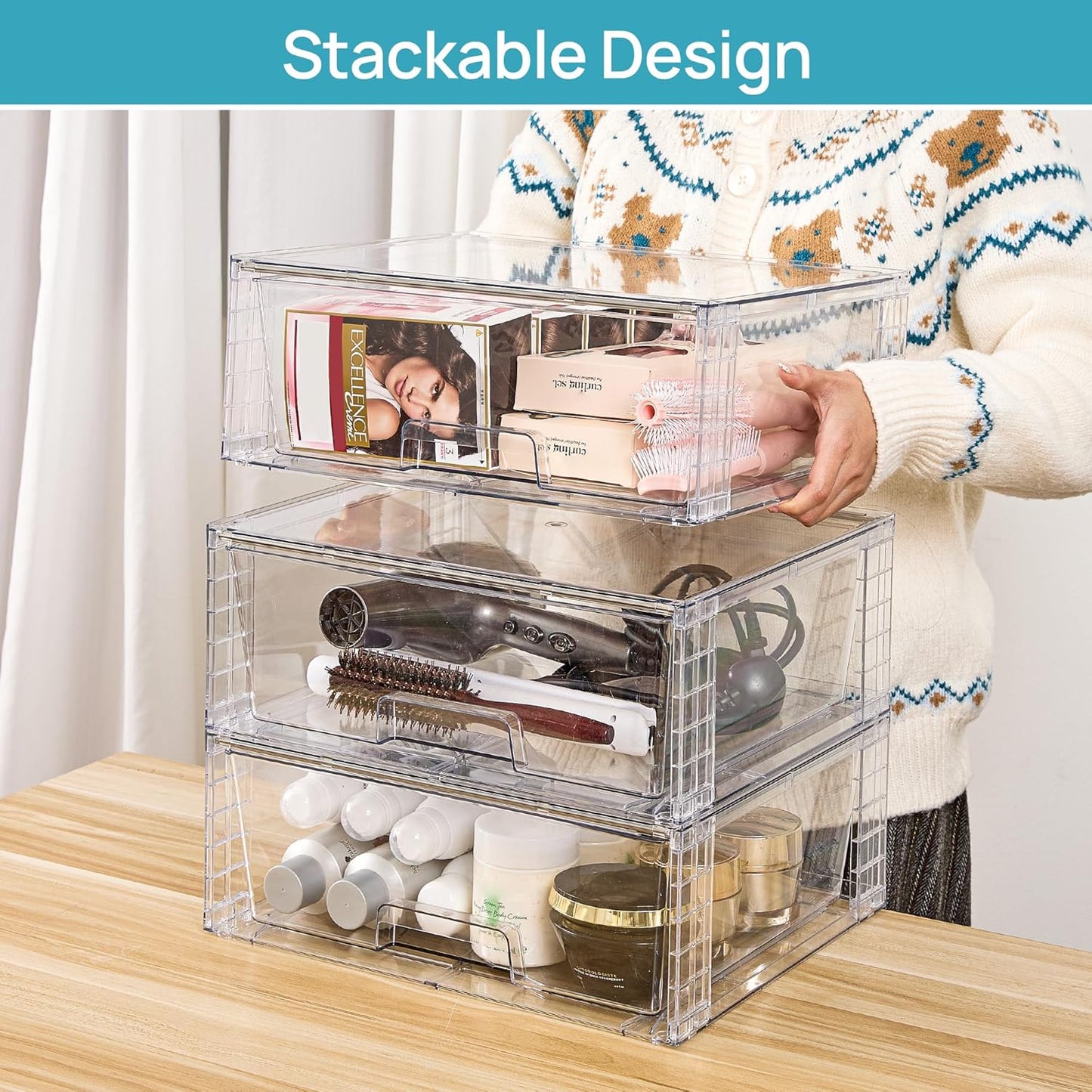 Vtopmart 3 Pack Large Stackable Storage Drawers,Easily Assemble Clear Acrylic Bathroom Closet Undersink Organizers,Plastic Storage Bins for Cabinet,Kitchen Pantry,Medicine Organization