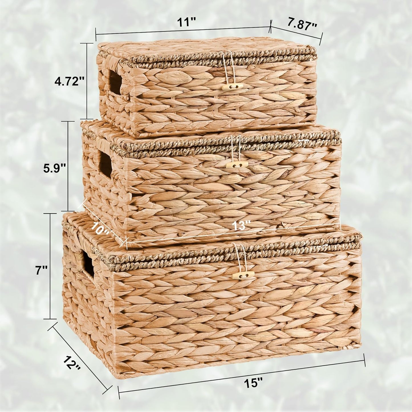 Wicker Storage Baskets with Lids and Handles, Hand Woven Rattan Storage Bins Box, Set 3 Natural Water Hyacinth Decorative Large Small Basket Container for Shelves, Bathroom Organizing