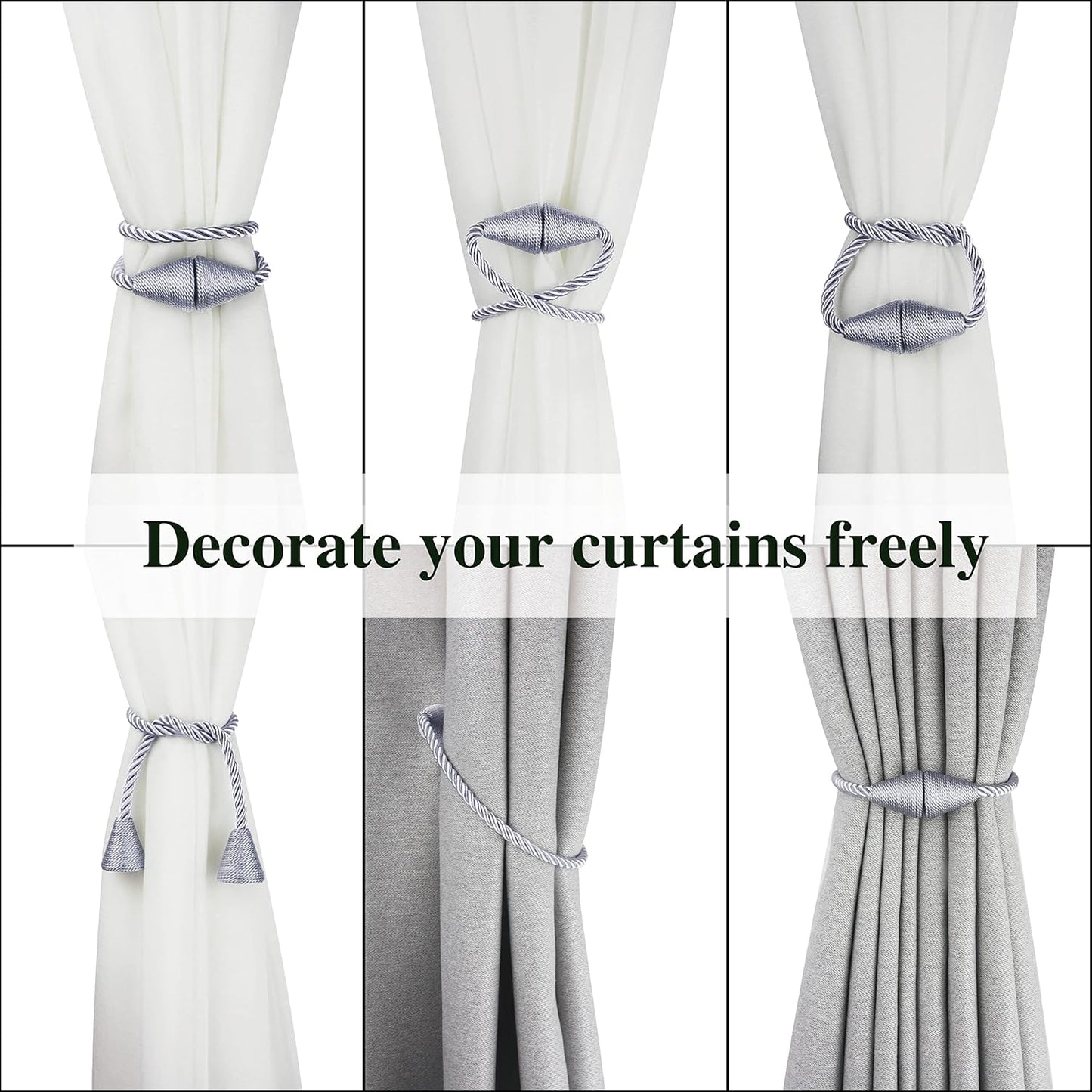 2 Pack Magnetic Curtain Tiebacks Rope Modern Handmade Curtain Tie Backs Decorative Drapes Weave Holdbacks for Window Décor, Grey