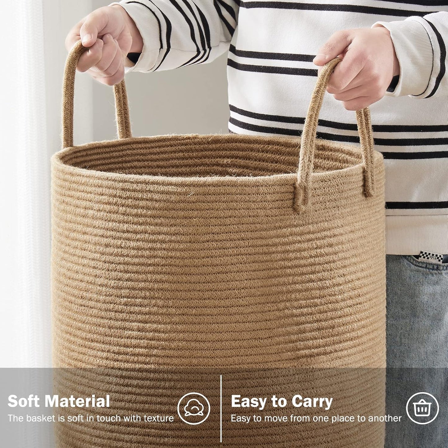 Jute Rope Woven Laundry Hamper Basket by YOUDENOVA, 72L Tall Luandry Basket, Baby Nursery Hamper for Blanket Storage in Bedroom-Large-Jute