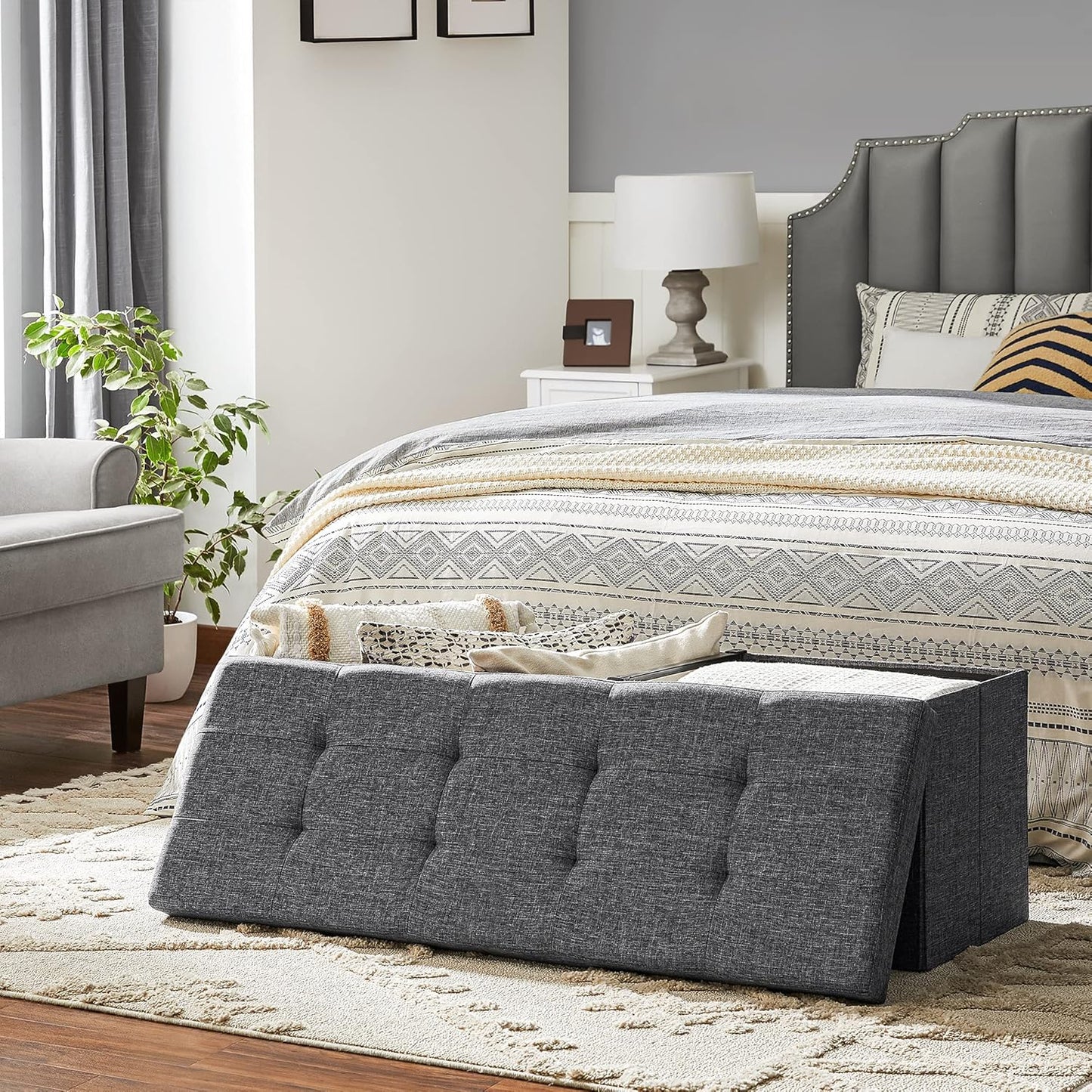 SONGMICS MAZIE Collection - 43 Inches Storage Ottoman, Foldable Storage Bench with Flipping Lid, 660 lb Load Capacity, for Entryway, Living Room, Bedroom, Dark Gray ULSF76GYZ