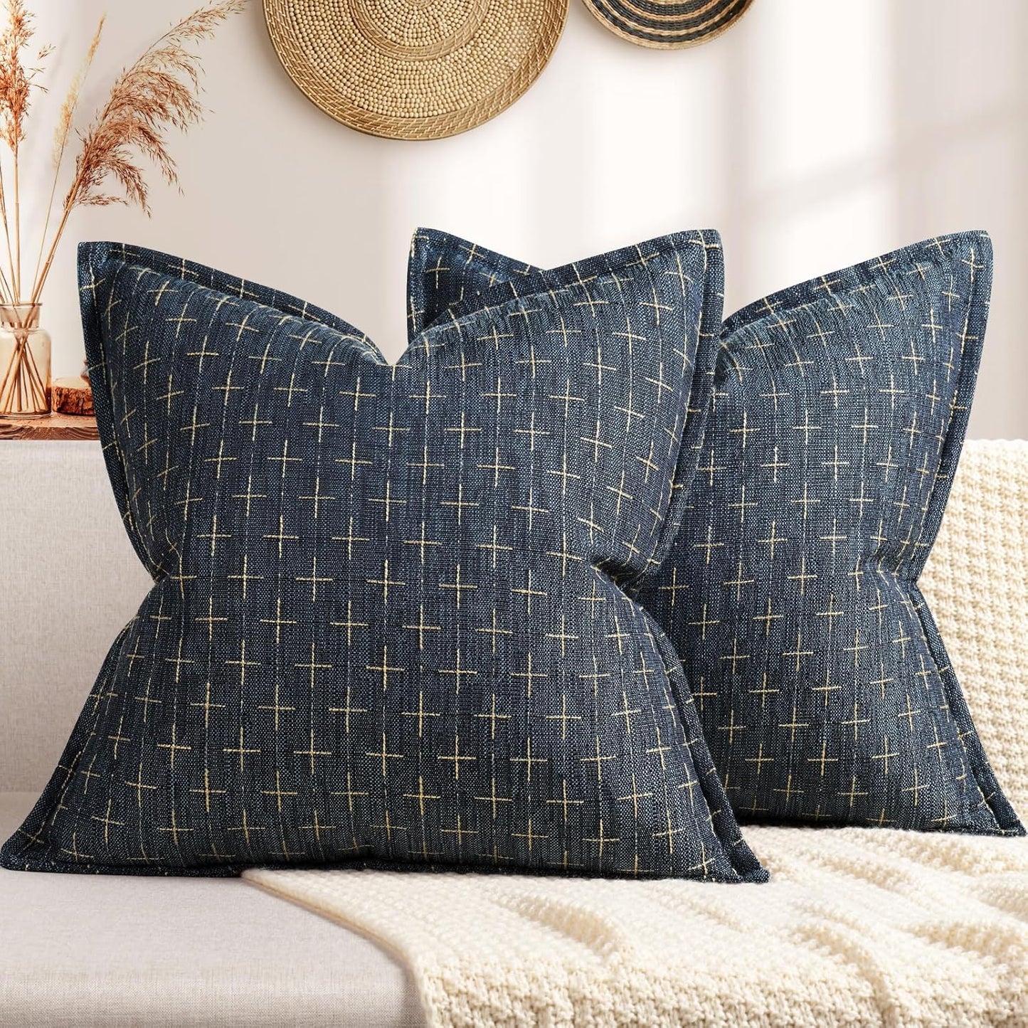 ZWJD Pillow Covers 24x24 Set of 2 Soft Polyester Textured Pillow Covers with Stylish Flange Edge Cozy Farmhouse Throw Pillows for Couch Bed Sofa Living Room