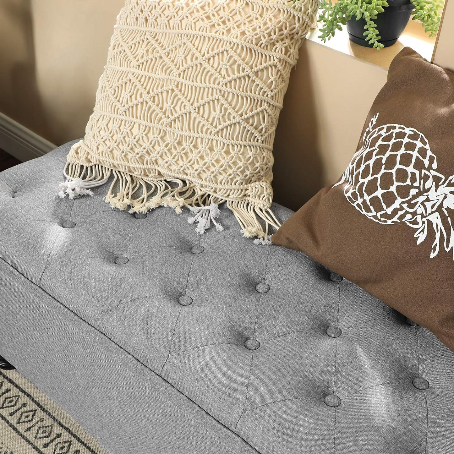 SONGMICS Storage Ottoman, Storage Bench, Tufted Entryway Bedroom Bench, 17.7 x 46.5 x 17.7 Inches, Hinges Easy Lid Operation, Wooden Legs, Linen-Look Cover, Loads 330 lb, Light Gray ULOM070G02