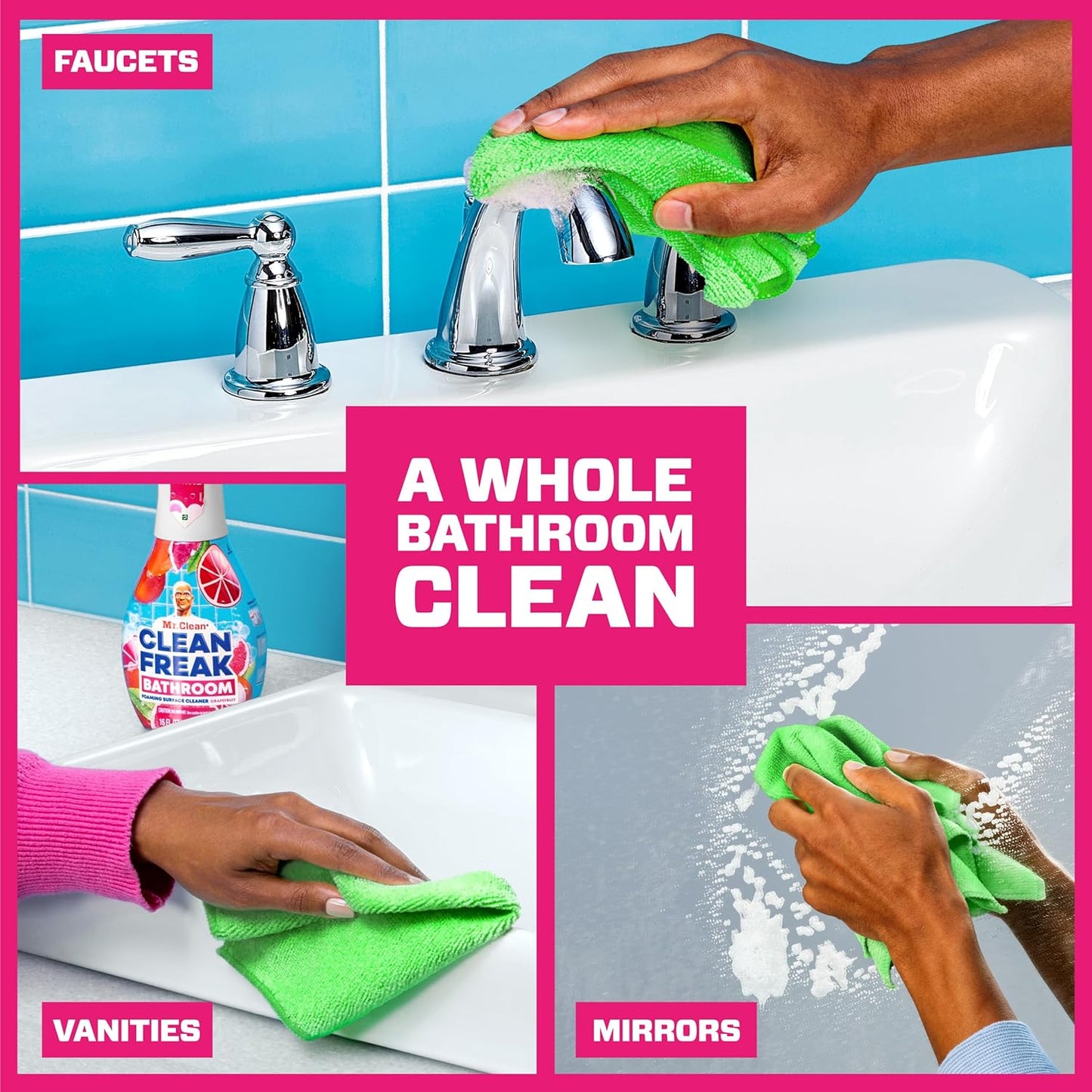 Mr. Clean Clean Freak Foaming Bathroom Surface Cleaner Multi-Surface Spray Starter Kit and Refill Bundle, Grapefruit Scent, 64 fl oz