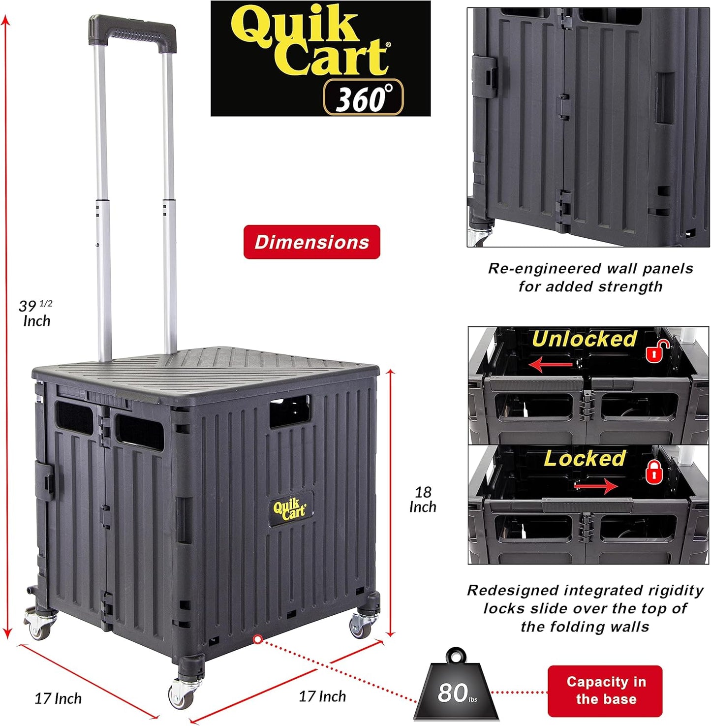 dbest products Quik Cart 360 Four Wheeled Rolling Crate Teacher Utility with seat Heavy Duty Collapsible Basket with Handle, Black