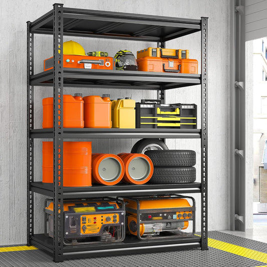 REIBII 72" H Garage Shelving Load 2500 LBS, Heavy Duty Storage Shelves, 5-Tier Adjustable Garage Shelves for Warehouse, Basement, 72" H x36 W x18 D, Black