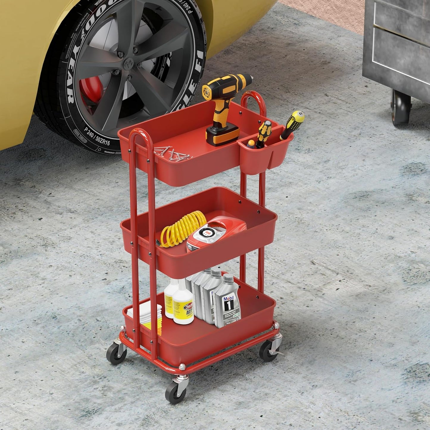 Simple Houseware 3-Tier Multifunctional Rolling Utility Cart with Hanging Bucket, Red
